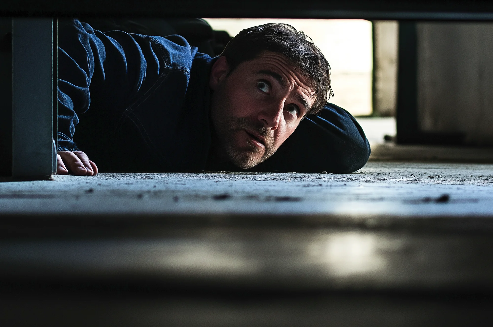 A man in a dimly lit storage facility, using a tool to break into a storage unit, symbolizing a burglary.