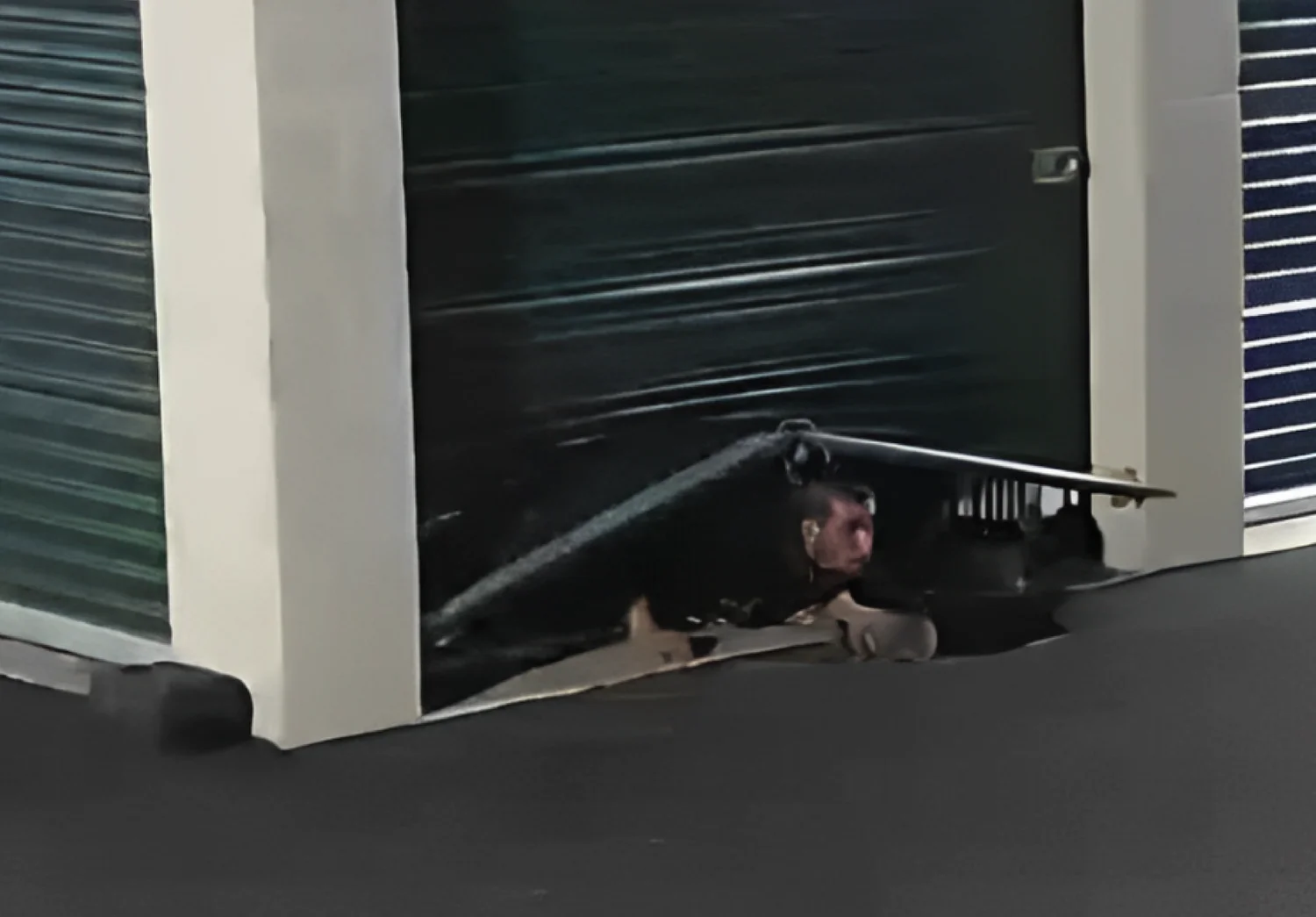 Security footage showing a man peeking out from under a partially lifted storage unit door.