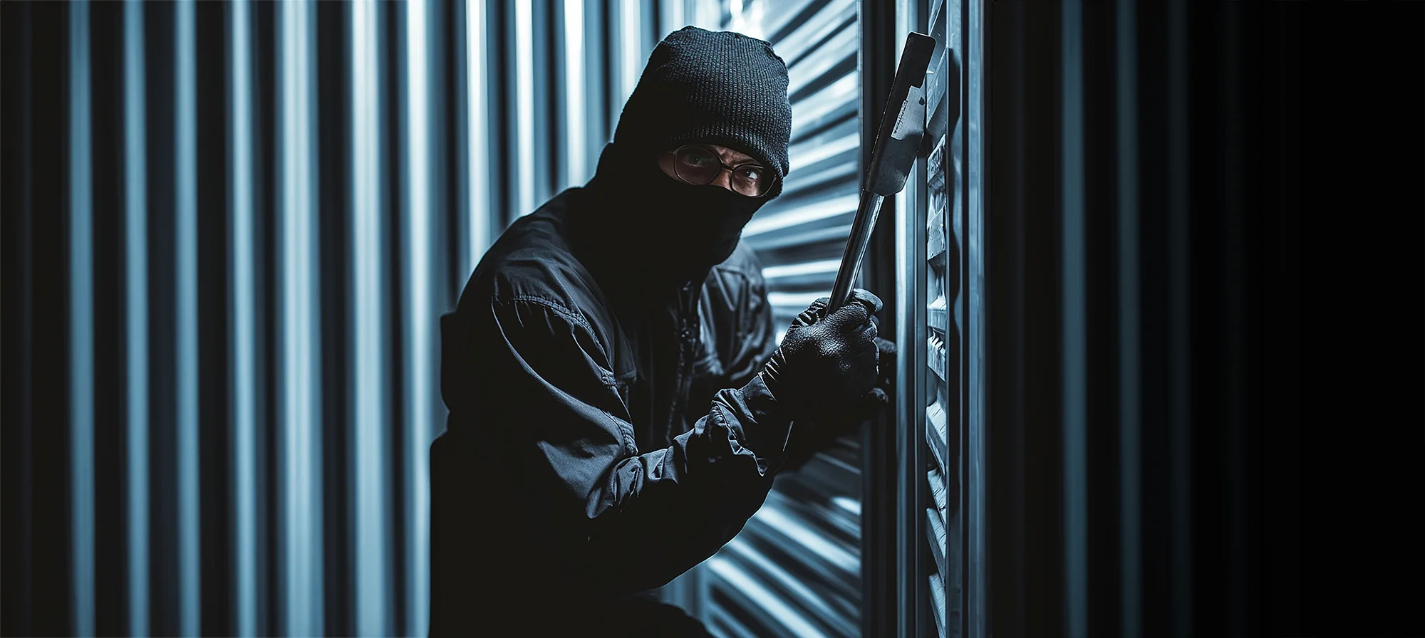 Portrait image of a thief wearing all black, caught in the act of breaking into a storage unit.