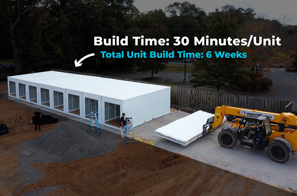 white arrow pointing to storage building under construction with text saying "Build Time: 30 minutes/unit; total unit build time: 6 weeks"