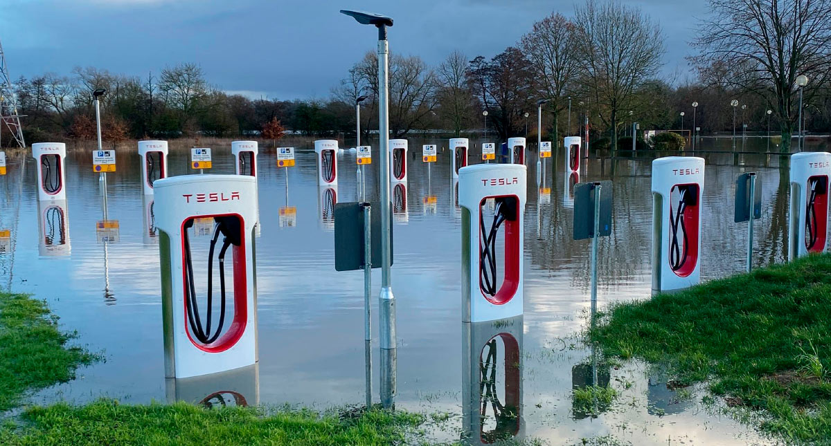 Tesla charging parking flooded