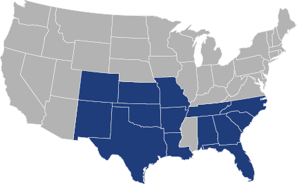 A map of the United States highlighting several southeastern and central states in blue, including Texas, Missouri, and others, while the remaining states are shown in gray.