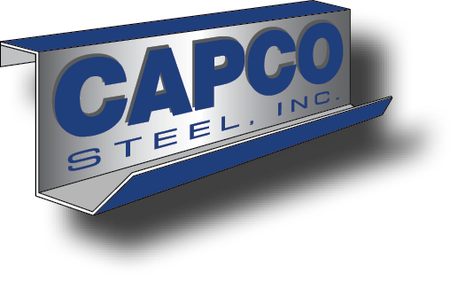 The CAPCO Steel, Inc. logo displayed on a metallic, three-dimensional steel beam design with blue accents. The text "CAPCO" is in bold blue, while "Steel, Inc." is in a sleek, smaller blue font below. The design casts a shadow for a dynamic effect.