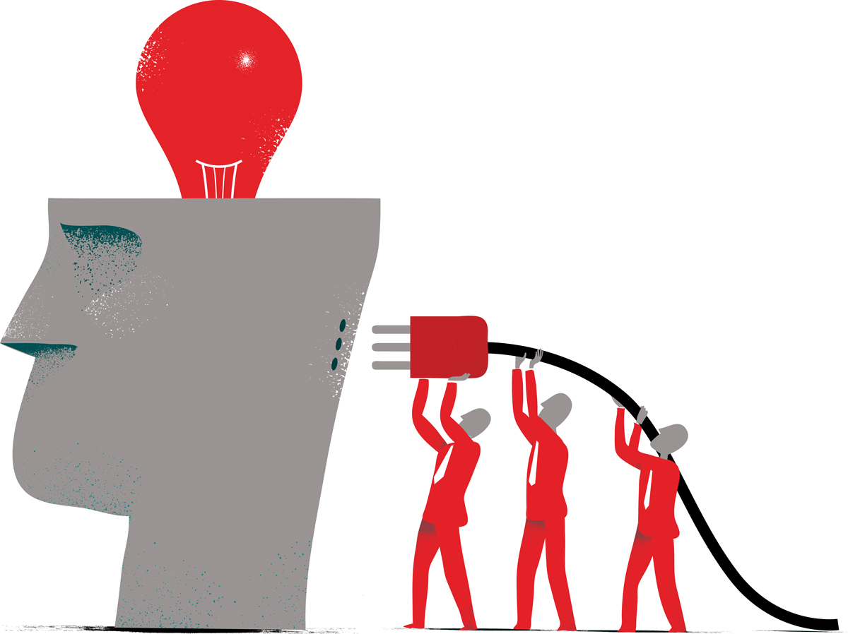 Illustration of a large gray head with a red light bulb on top and three red-suited figures holding a large power plug.