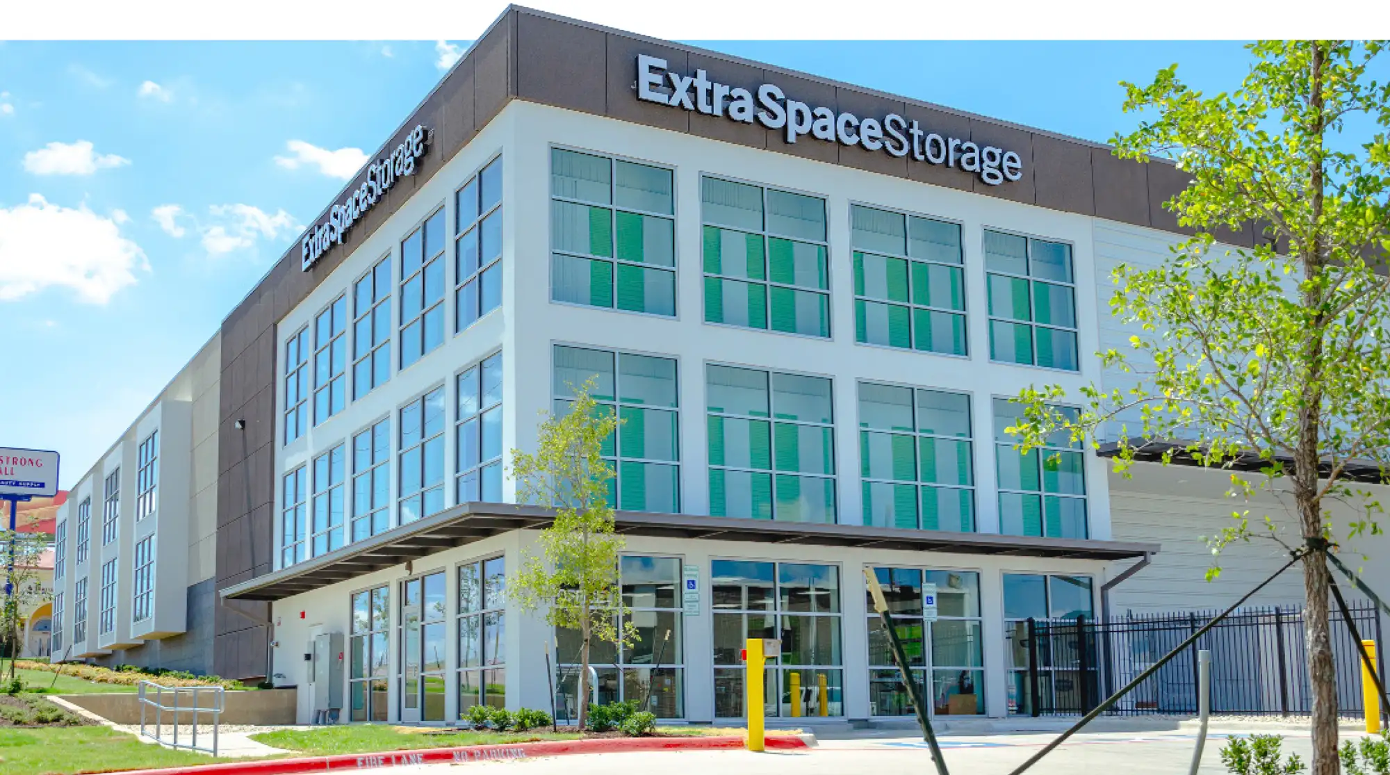 ground view up at the multi-story Extra Space Storage in Fort Worth, Texas