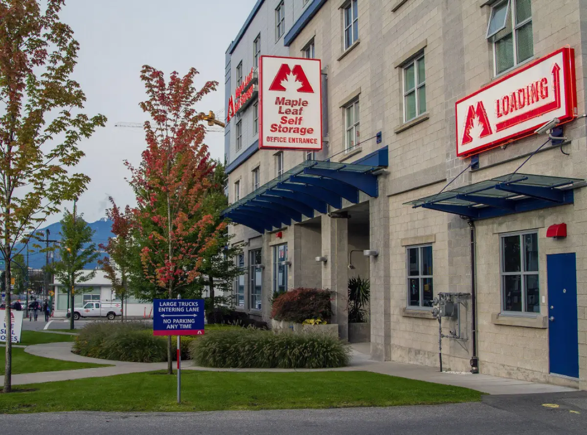 Portrait outdoor exterior photograph view of a Maple Leaf Self Storage facility building during the day