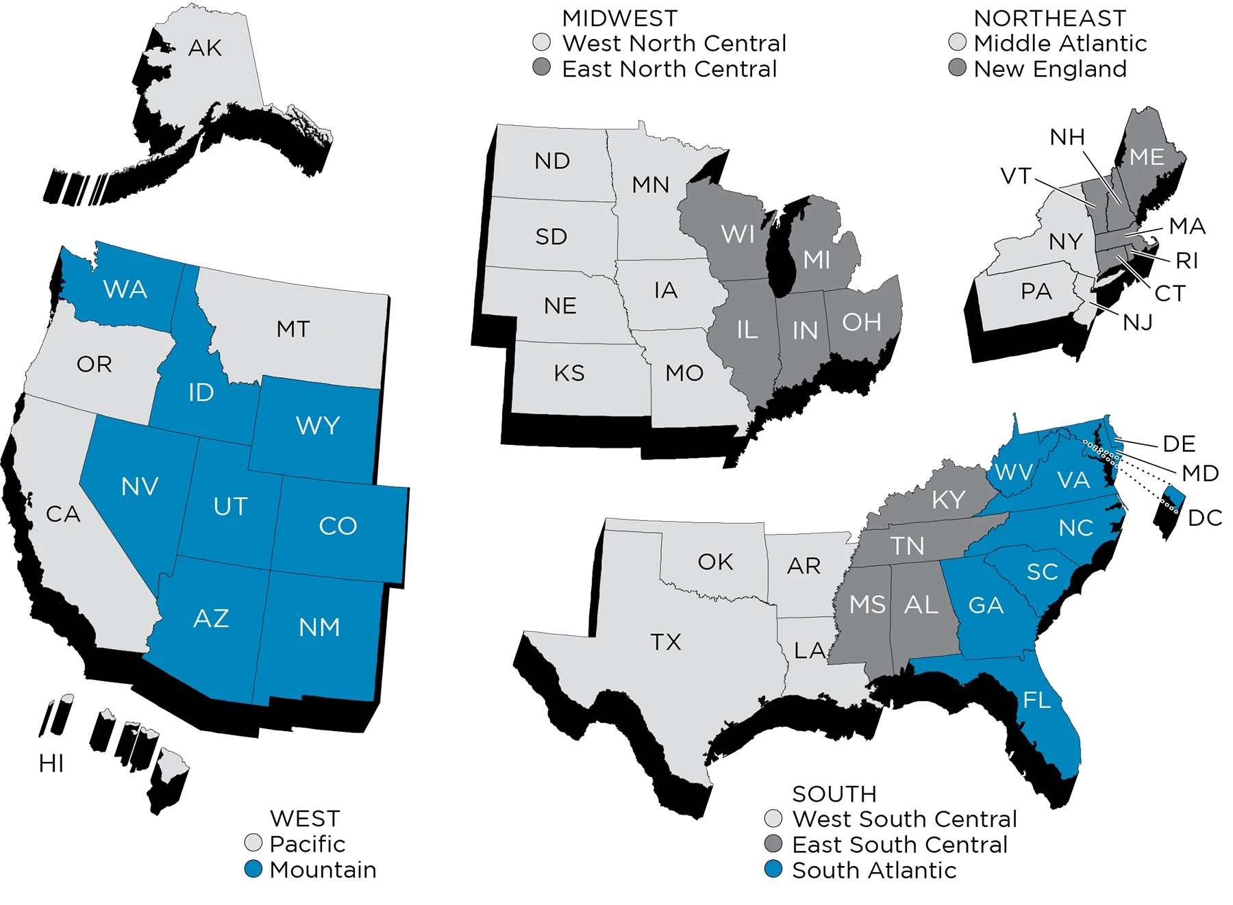 A color-coded map of the United States, highlighting different regions with shades of blue and gray. Some states are marked in blue, while others are in dark and light gray, representing different categories of regional information. A legend at the bottom explains the color-coding system.