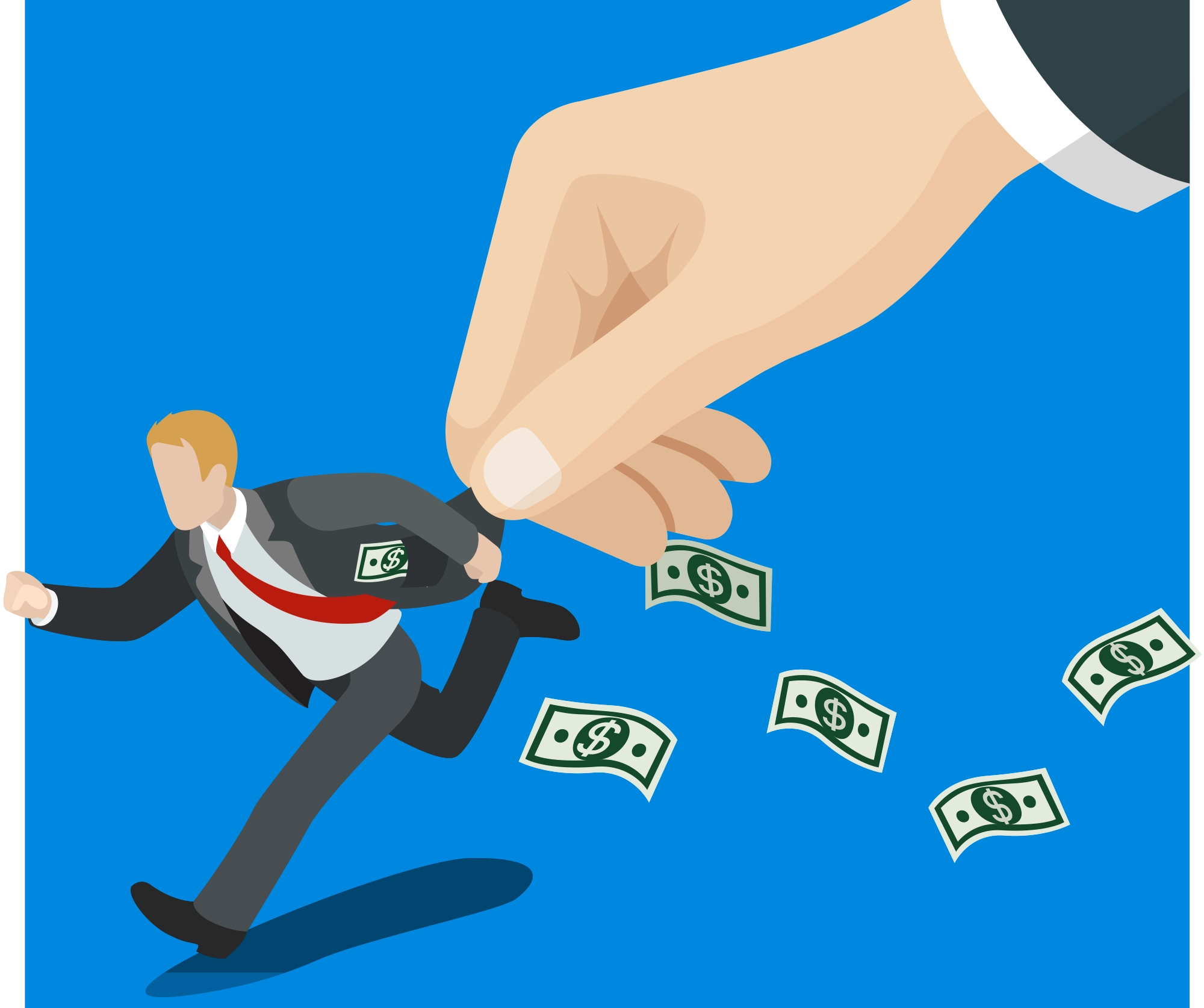A businessman runs away from a giant hand grasping the end of his suit jacket, while money flies out of his pocket.
