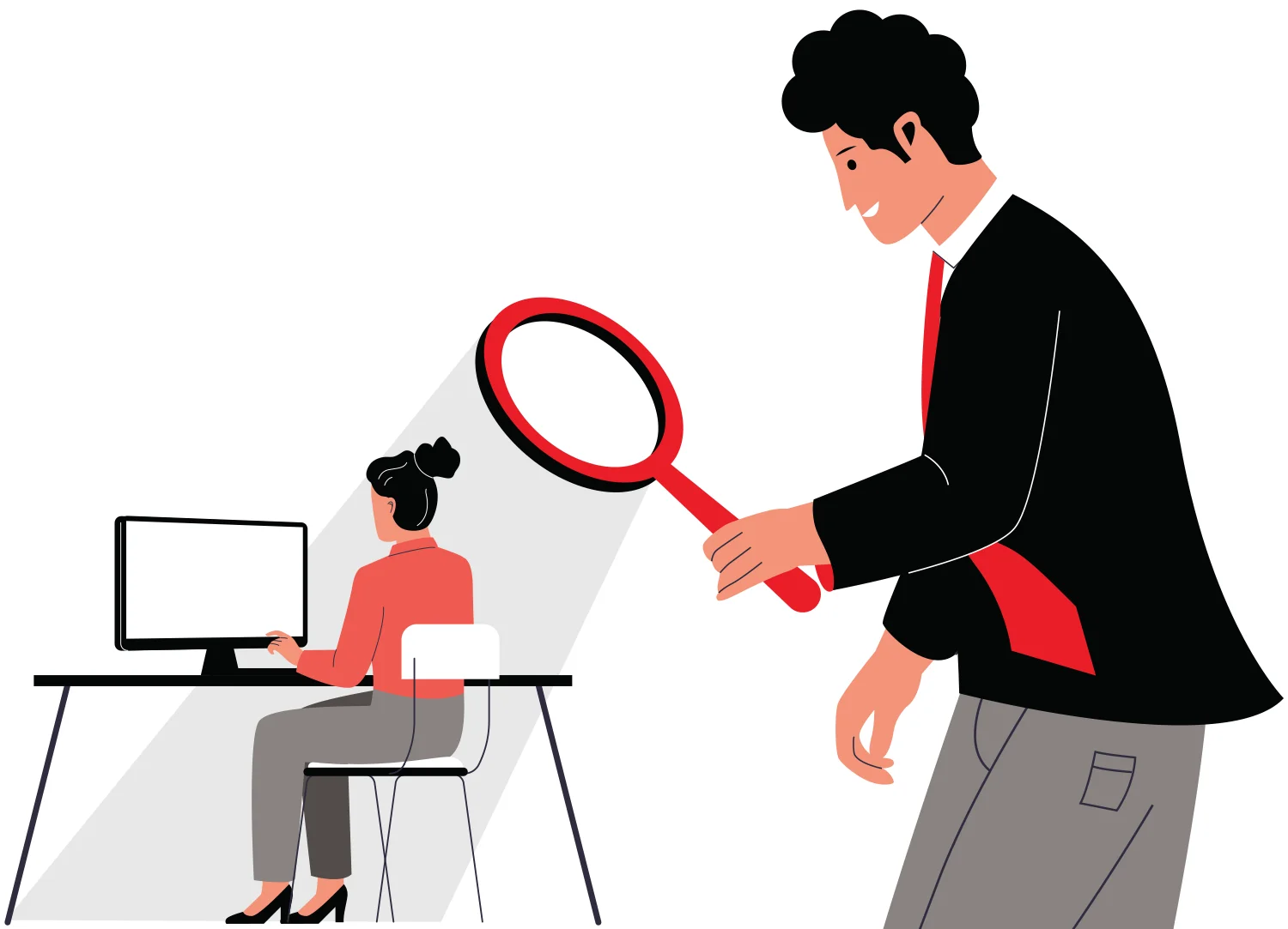 vector graphic of a person holding a magnifying glass observing another person sitting at a computer