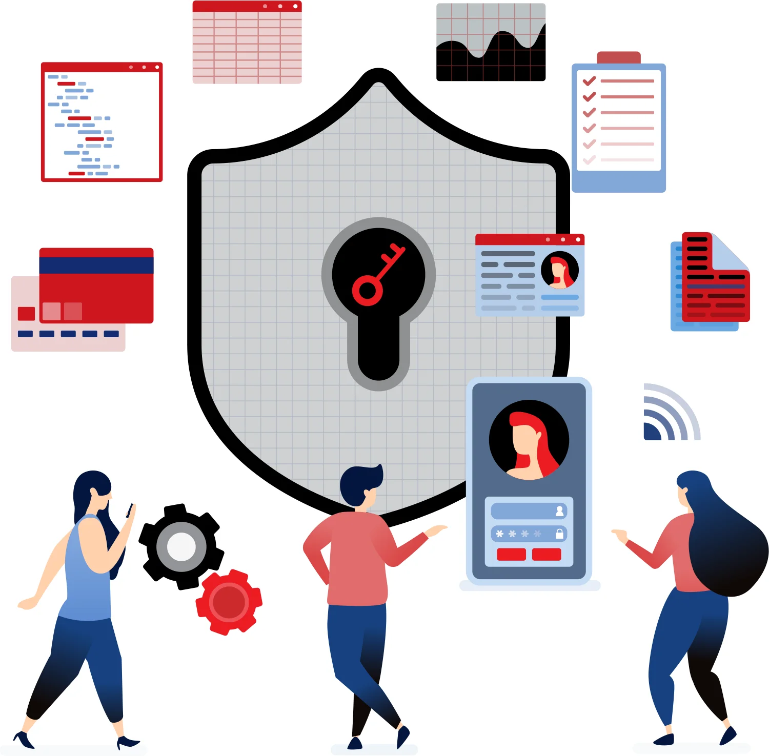 Illustration of a digital security theme with a central shield, icons of data, charts, and human figures.