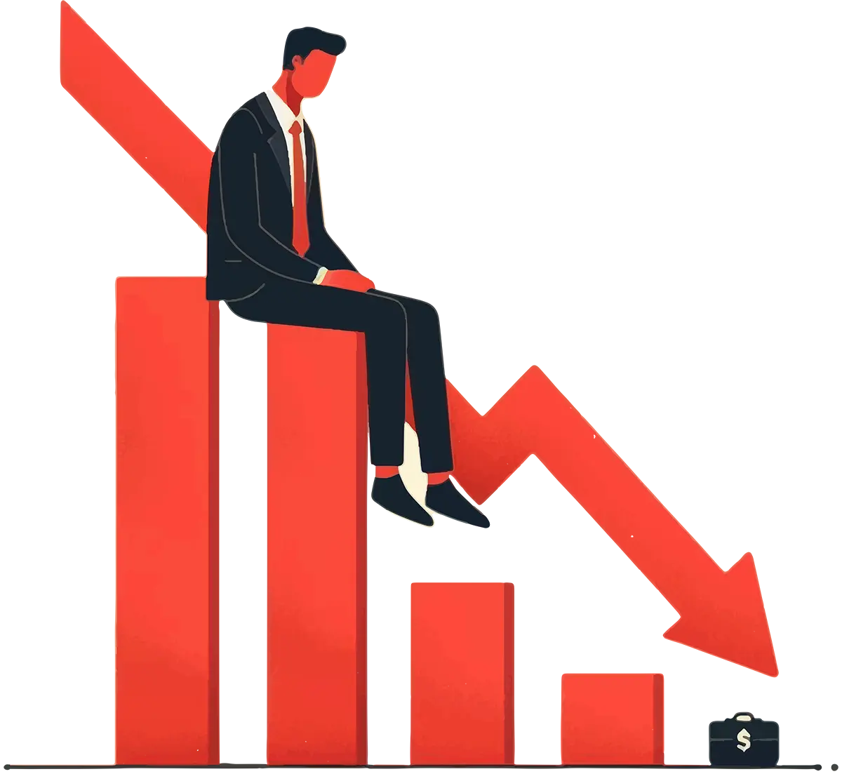 Digital minimalistic vector illustration of a businessman in a black business suit outfit and vibrant burnt red-orange tie sitting dejectedly on top of the second tallest vibrant burnt red-orange bar shape in a declining bar graph form type; A large vibrant burnt red-orange arrow shape points downwards behind these bars and a small black briefcase with a dark beige colored dollar sign symbol imprinted on this particular briefcase as the briefcase sits on the ground to the far right