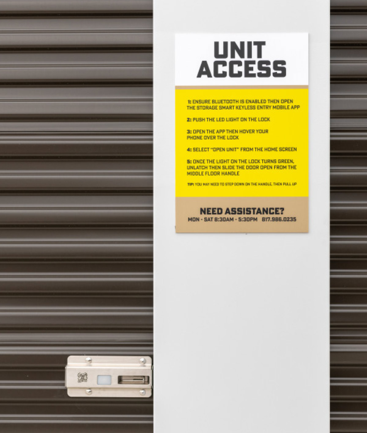 instructions on wall next to storage door with information about how to unlock door