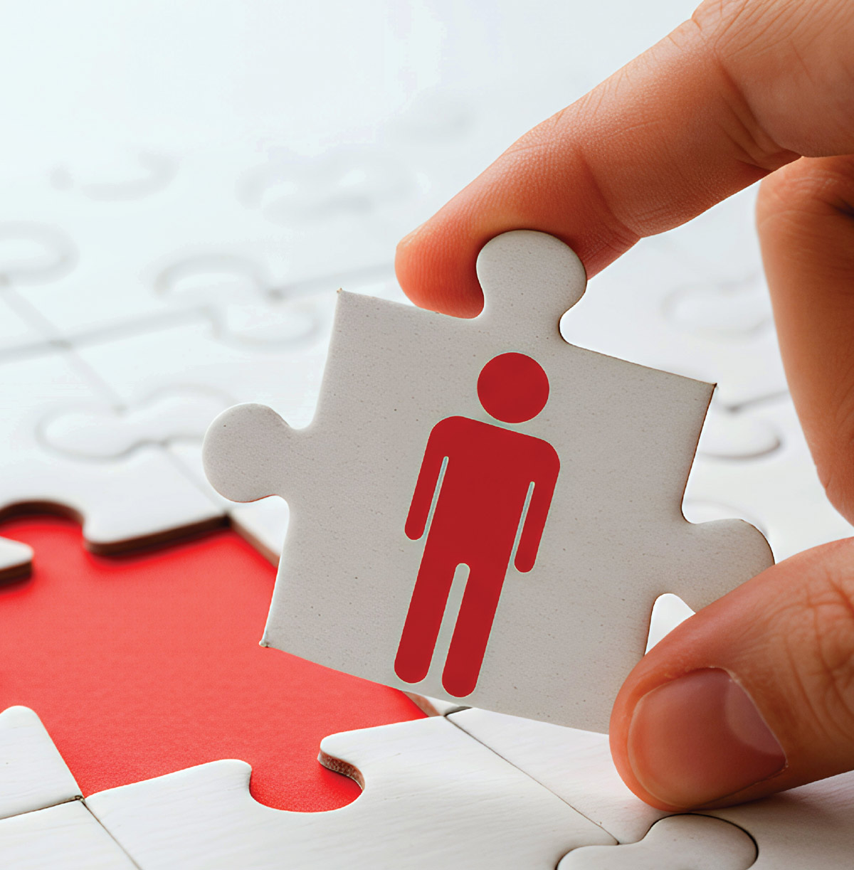 A hand holding a white puzzle piece with a red human figure icon.