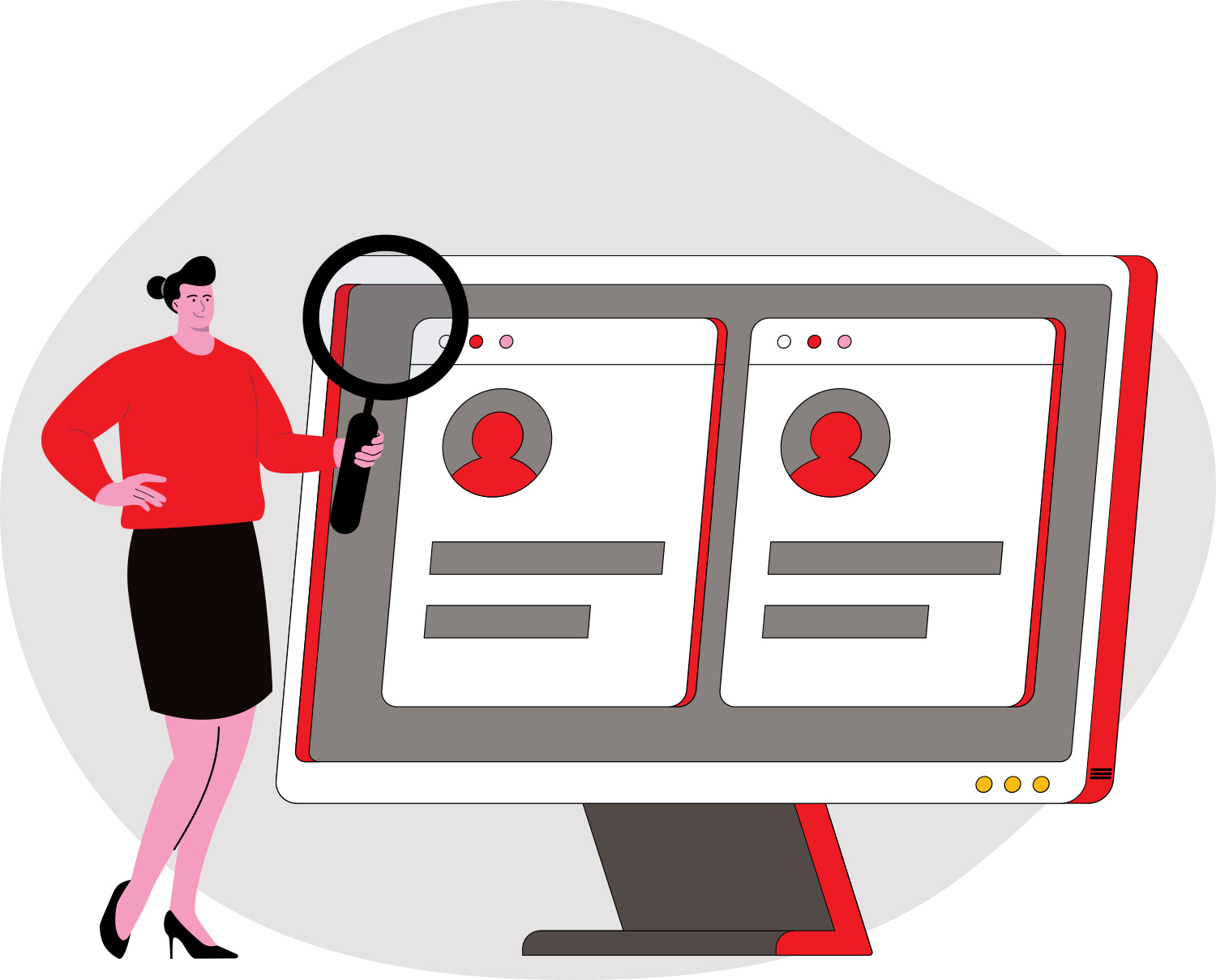 vector illustration of a woman holding a large magnifying glass up to a monitor with profiles displayed on it