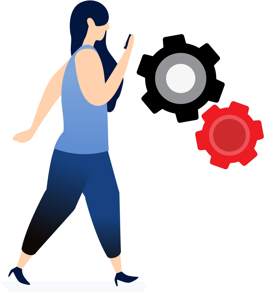 vector illustration of a woman walking while looking at her phone and with gears beside her
