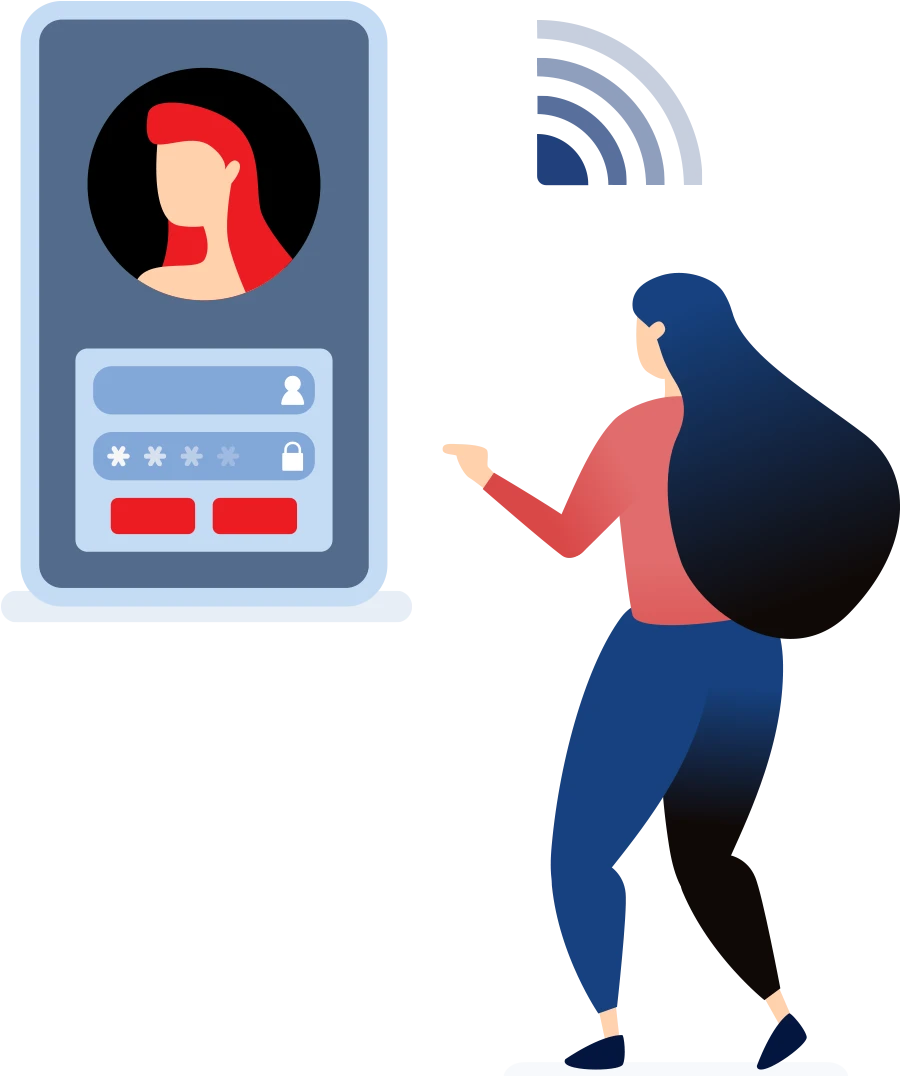 vector illustration of a woman pointing at a large cellphone with an login page on the screen and a network signal beside it