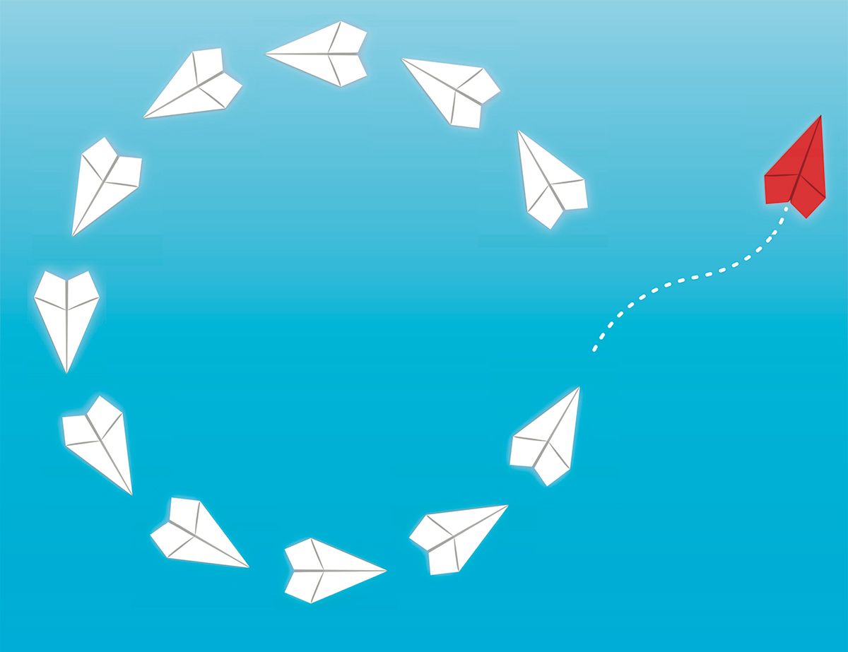 Digital vector illustration of a dark red paper airplane breaking away from a circular formation of white paper airplanes against a gradient powder blue background as the dark red paper airplane is visibly indicated by a curvy white dotted trail