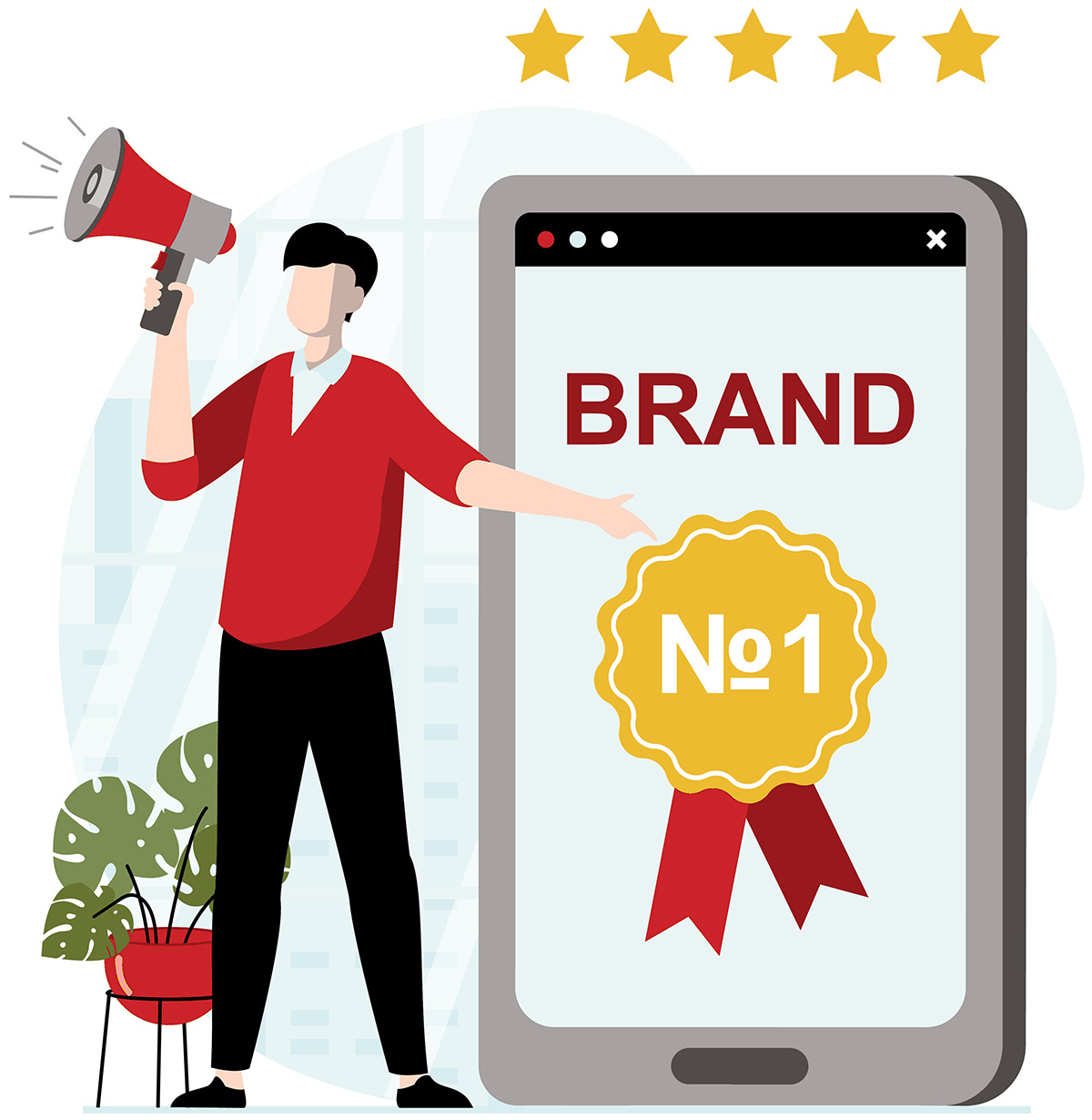 Digital vector minimalistic illustration of a person with short black hair wearing a red sweatshirt, black pants, and black dress shoes as this individual is holding a multi-colored megaphone (dark red/shades of dark grey) and gesturing with his left arm/hand towards a larger than life smartphone displaying a screen of the word BRAND in dark burgundy colored letters above a gold No 1 badge with red ribbons; Five gold stars are floating above this larger than life smartphone, suggesting a top-rated brand plus there happens to be a light sky blue colored oval tilted shaped tinted window and dark red bowl shaped plant vase filled with dark forest green leaves located behind this person