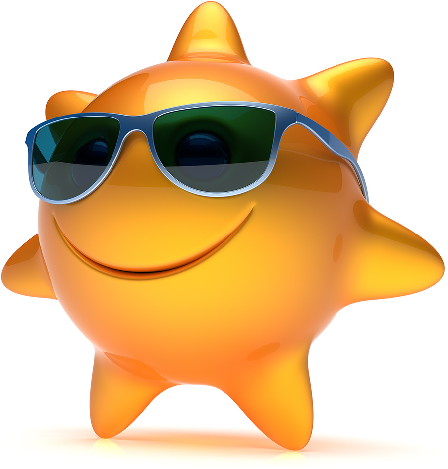 sun with smile wearing blue framed sunglasses