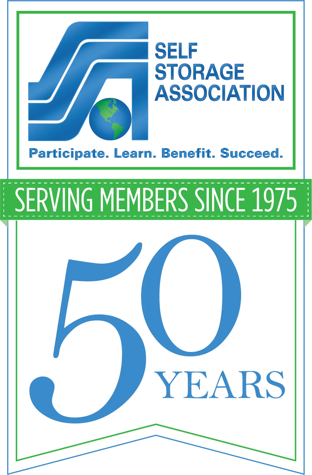 Digital logo for the Self Storage Association (SSA); The top section features a stylized acronym labeled as SSA in a dark blue color with a world globe shape object vector illustration situated underneath tucked inside the letter A while the dark blue colored text labeled as SELF STORAGE ASSOCIATION and Participate. Learn. Benefit. Succeed. are all within a green border; Below this, a green banner reads SERVING MEMBERS SINCE 1975; The bottom section features large dark blue colored numbers read as 50 with a smaller text labeled as YEARS below it all within a green outline, which is commemorating 50 years