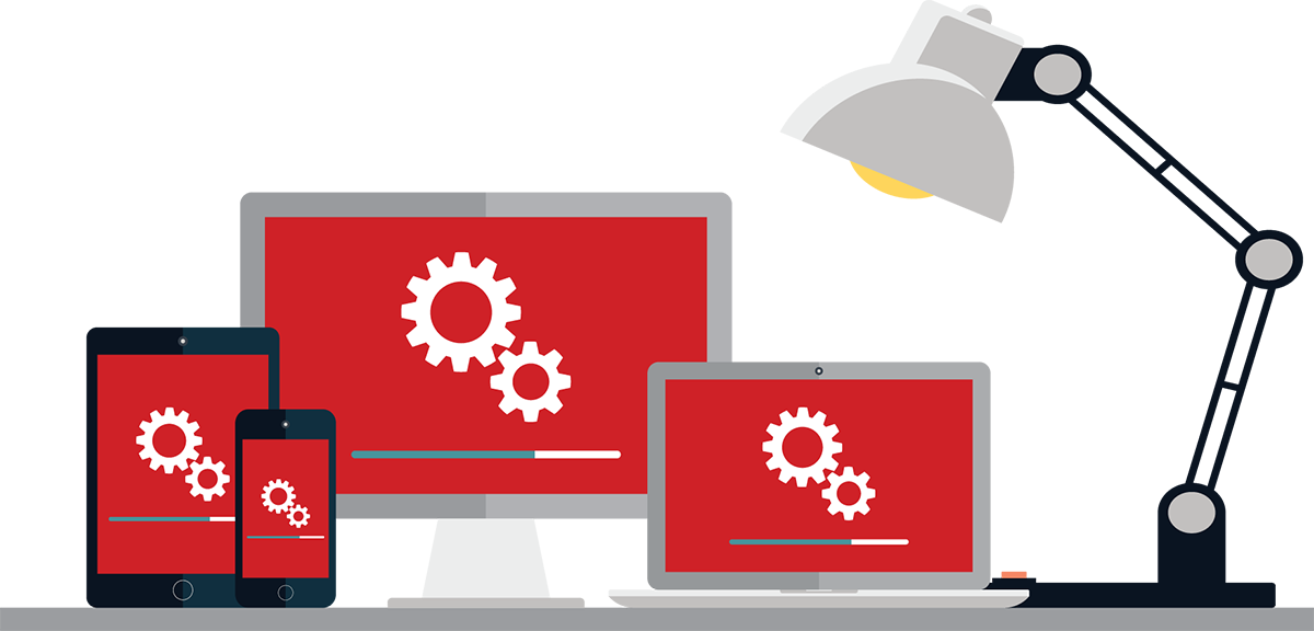 Digital vector minimalistic illustration showing various electronic devices made up of abstract shapes — a tablet, a smartphone, a desktop monitor, and a laptop — all displaying red colored screens with white gear icons and a loading bar; There happens to be a grey/black colored desk lamp as well; Everything is set against a transparent background