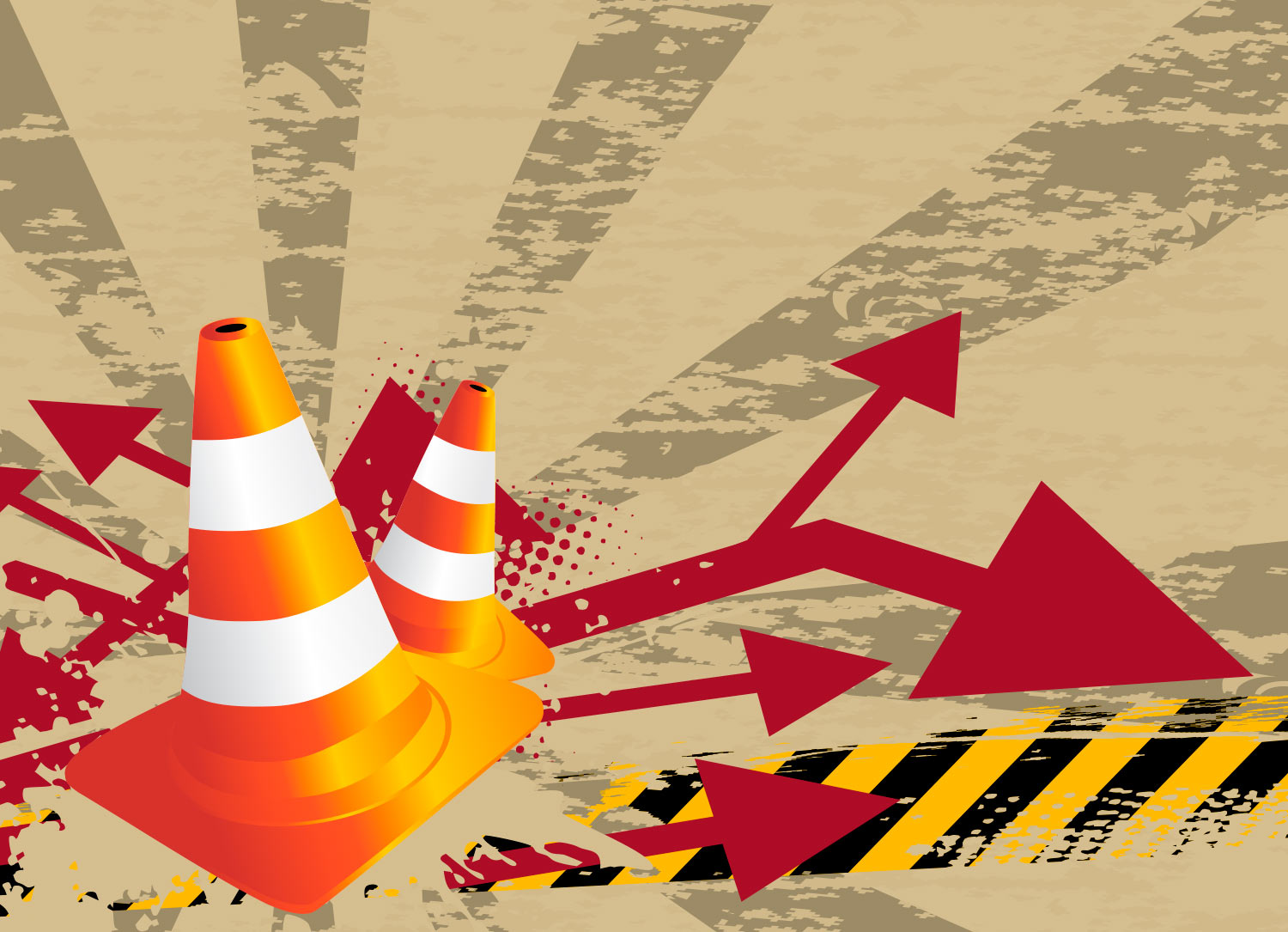 Two orange and white traffic cones are on a distressed beige background with red arrows and grunge elements.