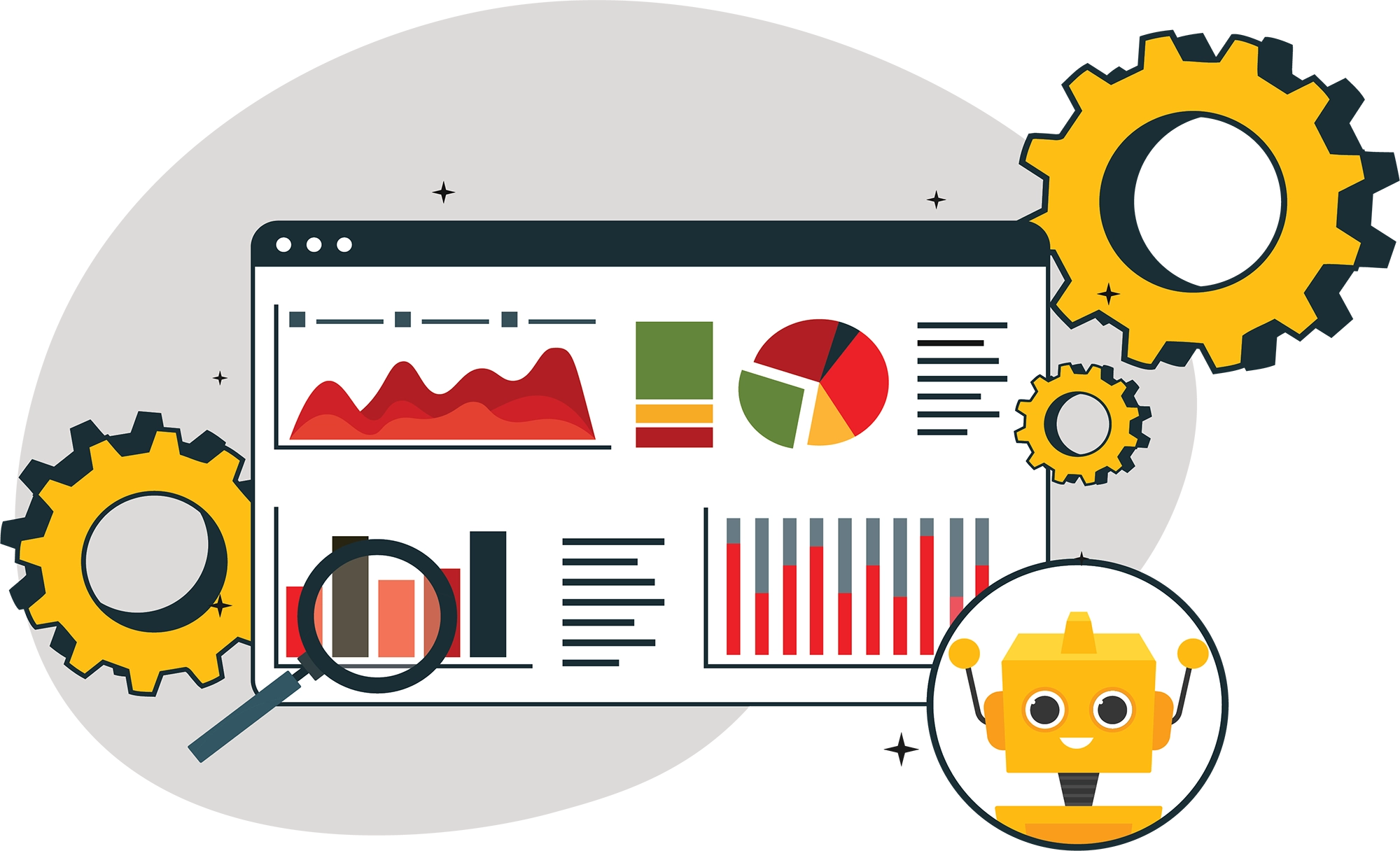 Illustration of data graphs, gears, and a smiling yellow robot.