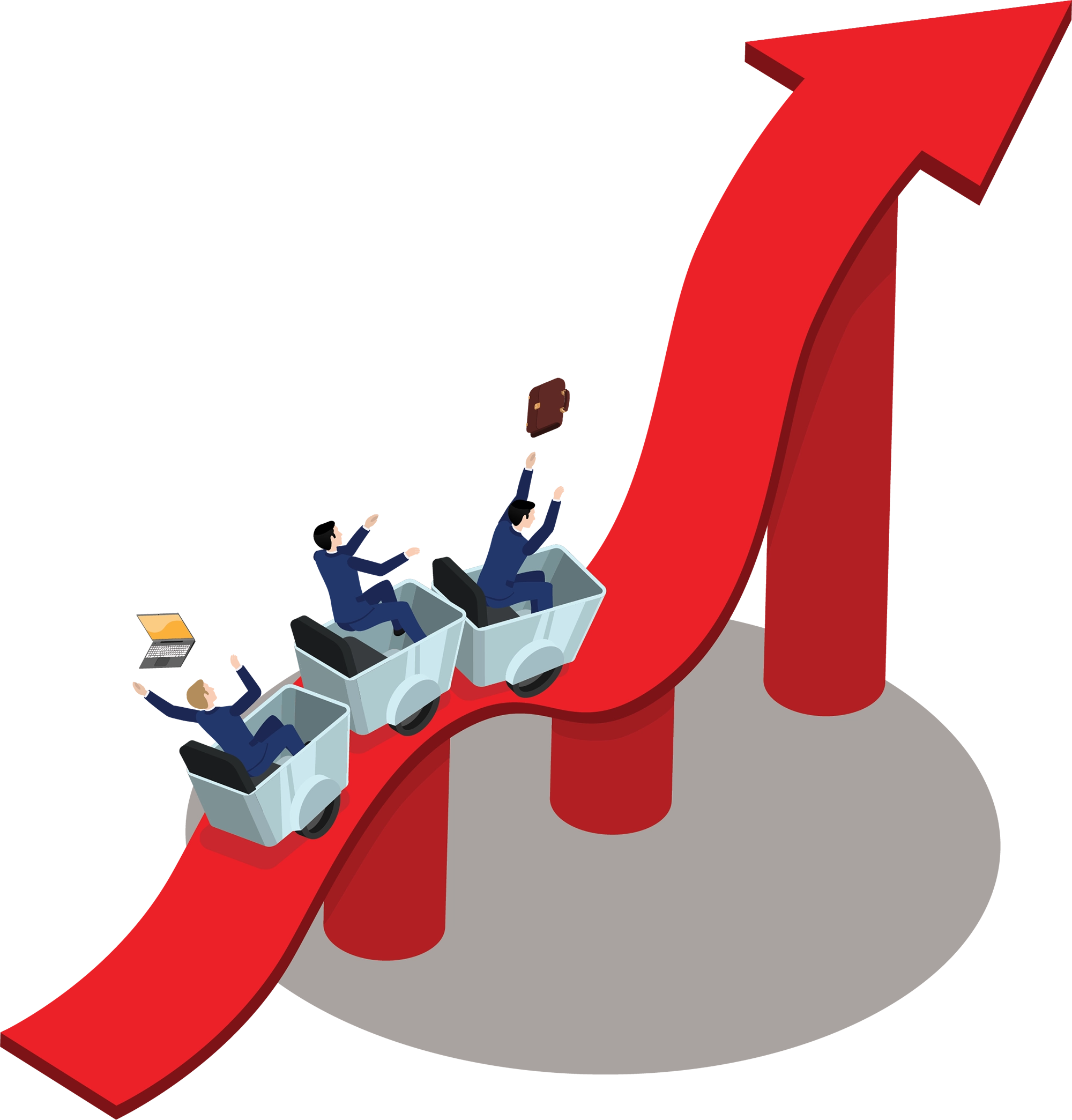 Three people in office chairs ride a red upward arrow, like a roller coaster.
