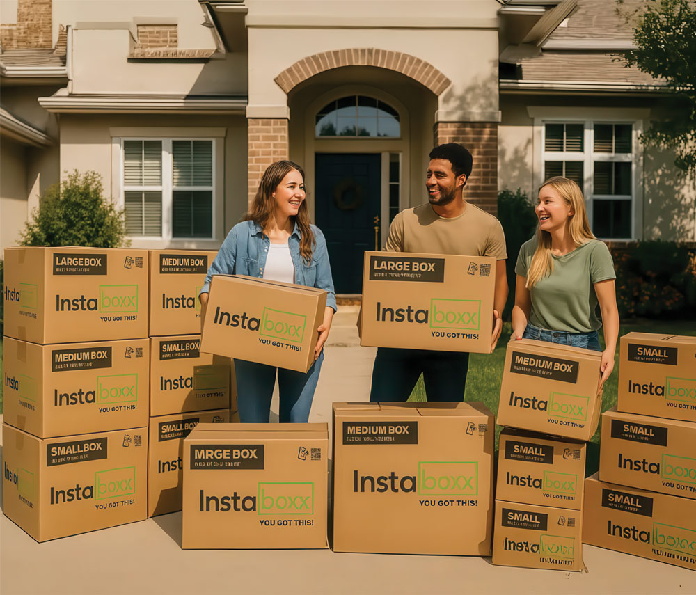 Three people holding "Instaboxx" cardboard boxes in front of a house with more boxes stacked around them.