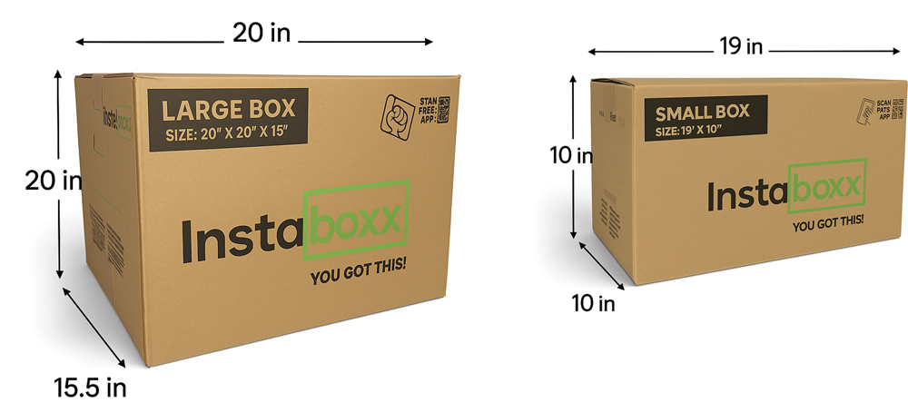 Two cardboard boxes labeled "LARGE BOX" and "SMALL BOX" with dimensions and "Instaboxx" logo.