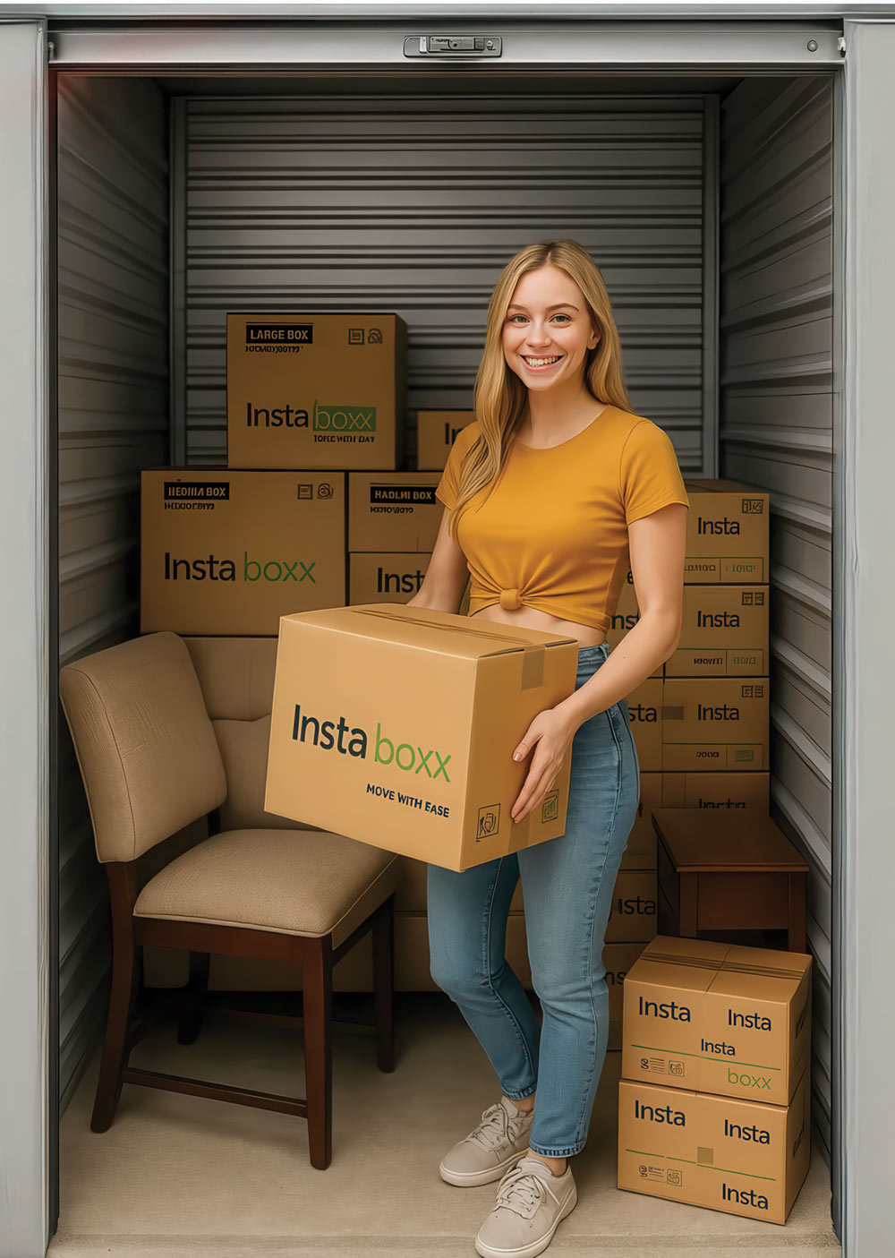 A woman holding a cardboard box labeled "Insta boxx" inside a storage unit filled with similar boxes.