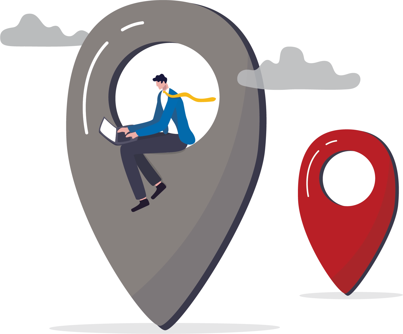 Illustration of a man with a laptop sitting inside a large gray map pin, next to a smaller red map pin.