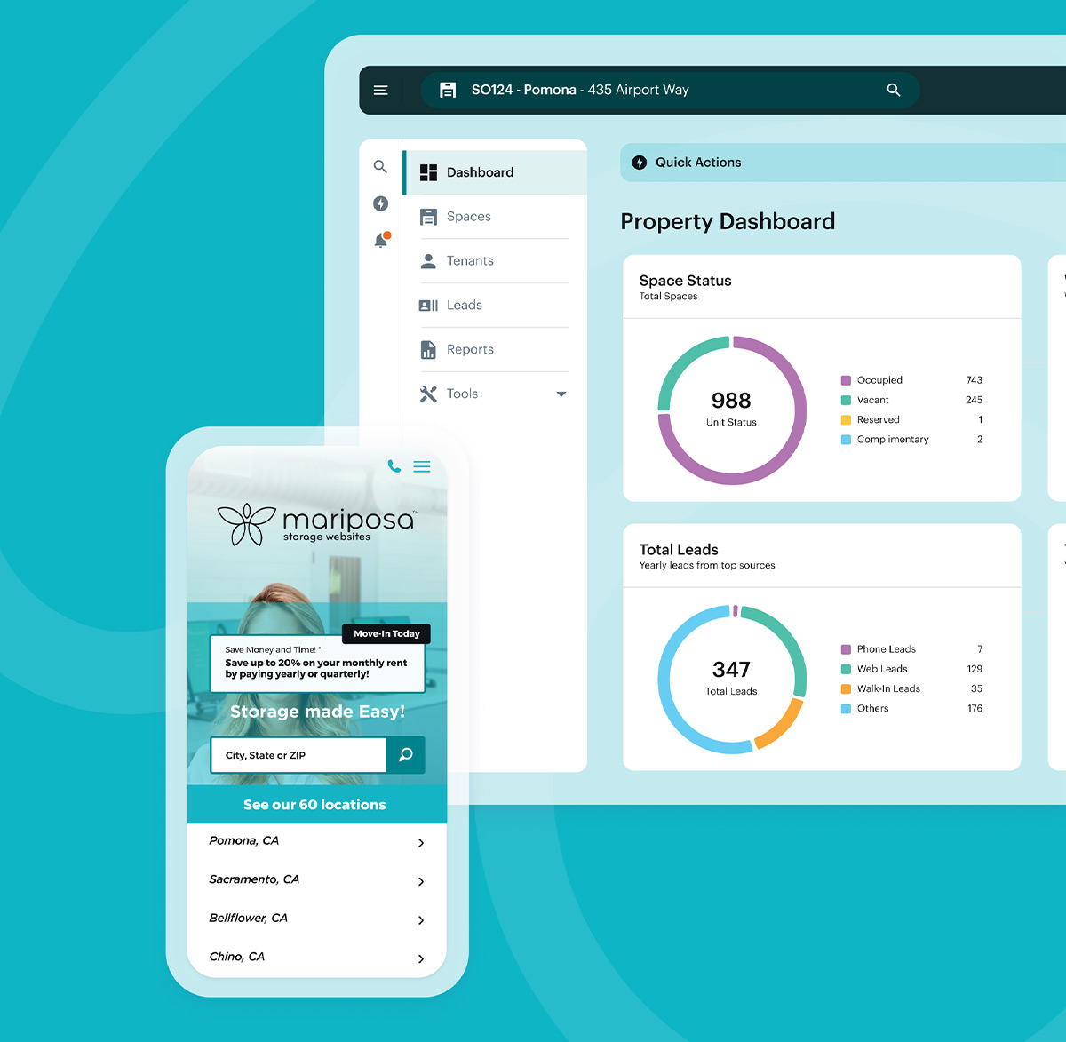 Screenshot of a modern self-storage management software, showing an overview of occupied and vacant units, and a mobile-friendly Mariposa Storage website.