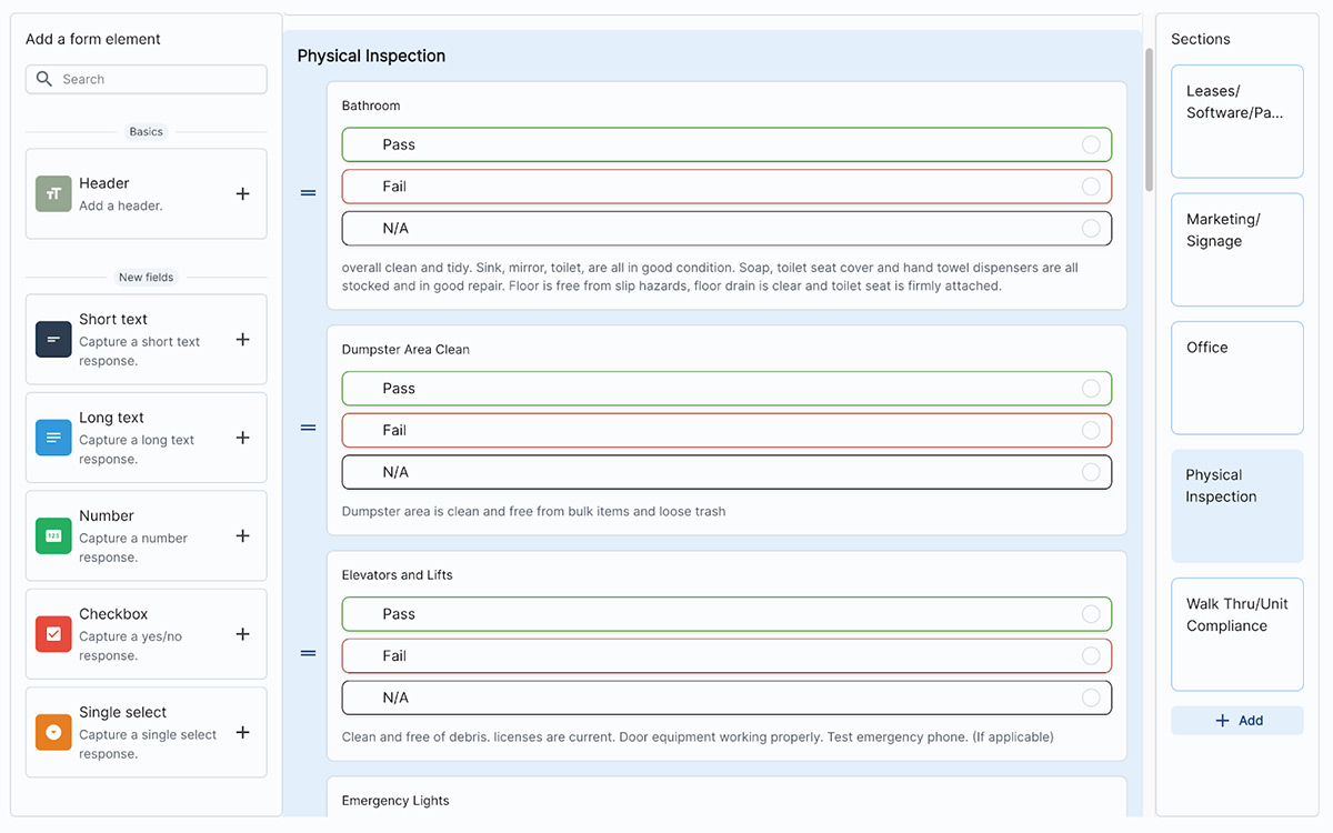 Software demonstration of a customizable inspection checklist for facilities management, including sections for physical inspection, marketing, and compliance.