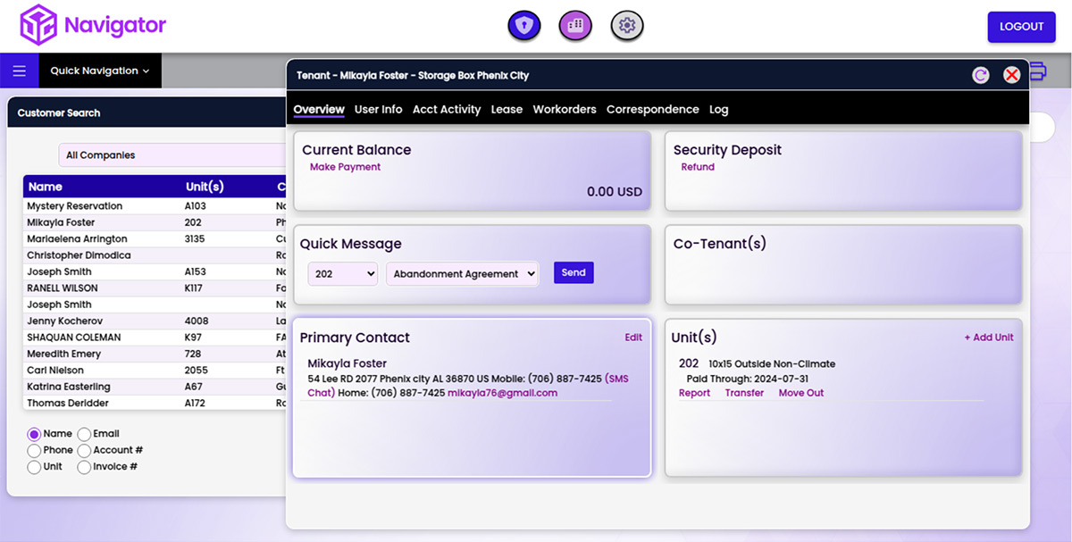 Digital interface of 'Navigator' property management system displaying tenant profiles, including unit numbers, payment status, and abandonment agreements.