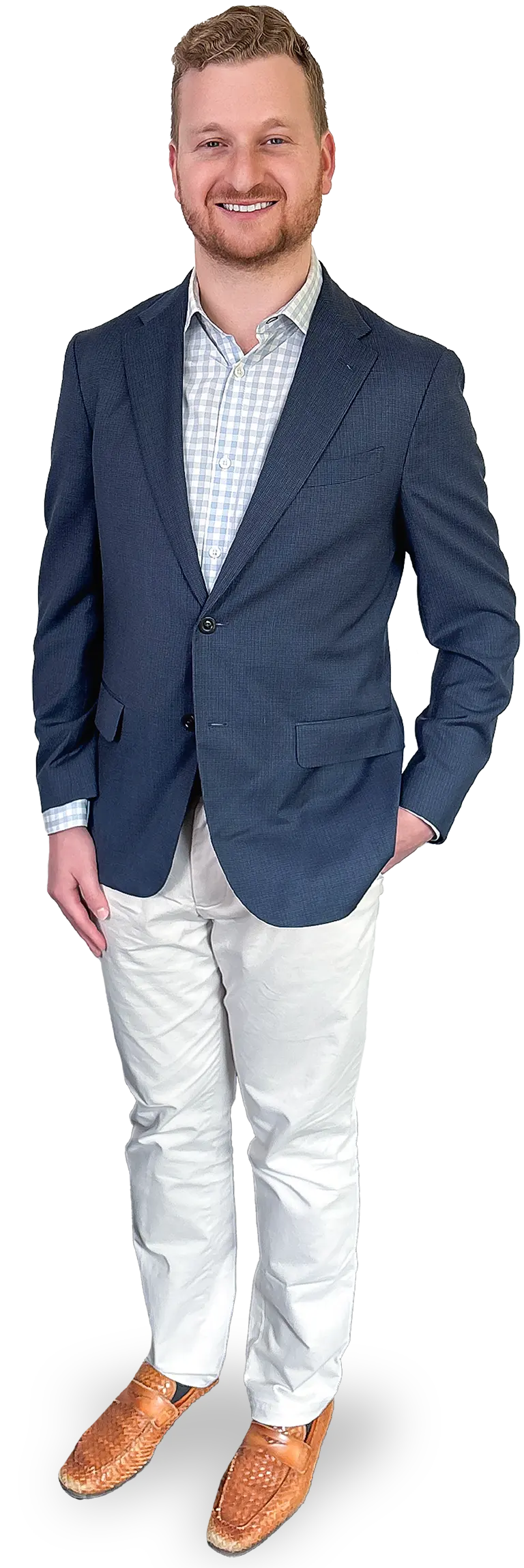 Digital portrait orientation photograph image display full body-length view of Noah Starr, a smiling man with short wavy parted side dark brown hair plus a dark brown beard as he is wearing a dark navy blue business suit blazer and a light sky blue checkered plaid button-up dress shirt underneath, white dress pants equipped, and brown woven dress work loafers; He is standing with his left hand in his pocket