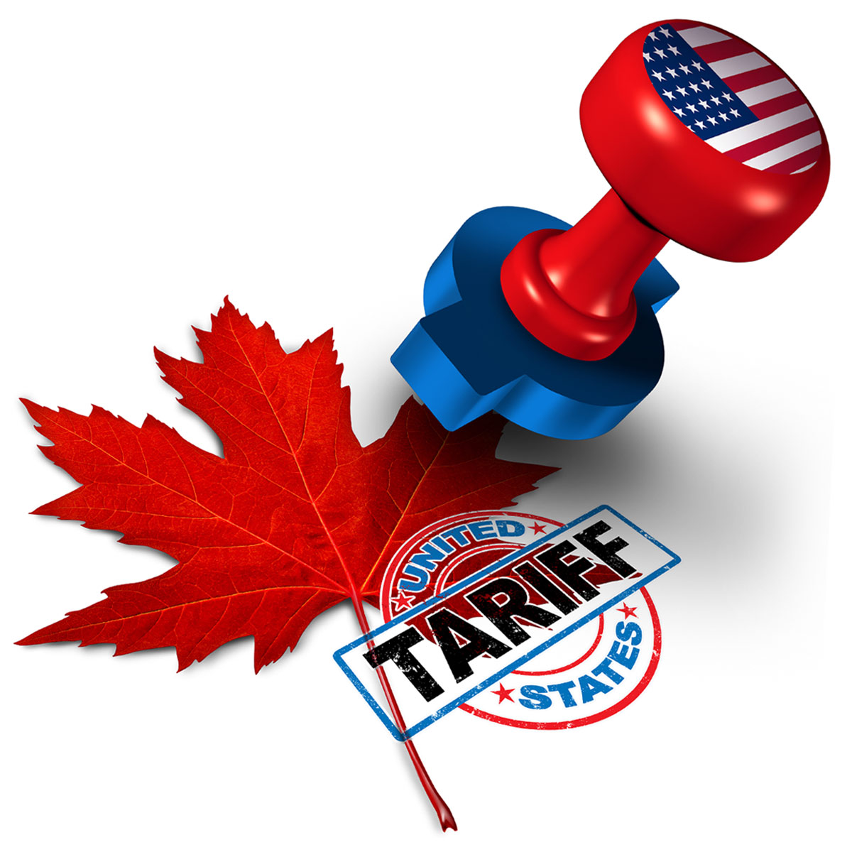 A Canadian maple leaf next to a blue tariff stamp, with a red stamp featuring the US flag hovering above.