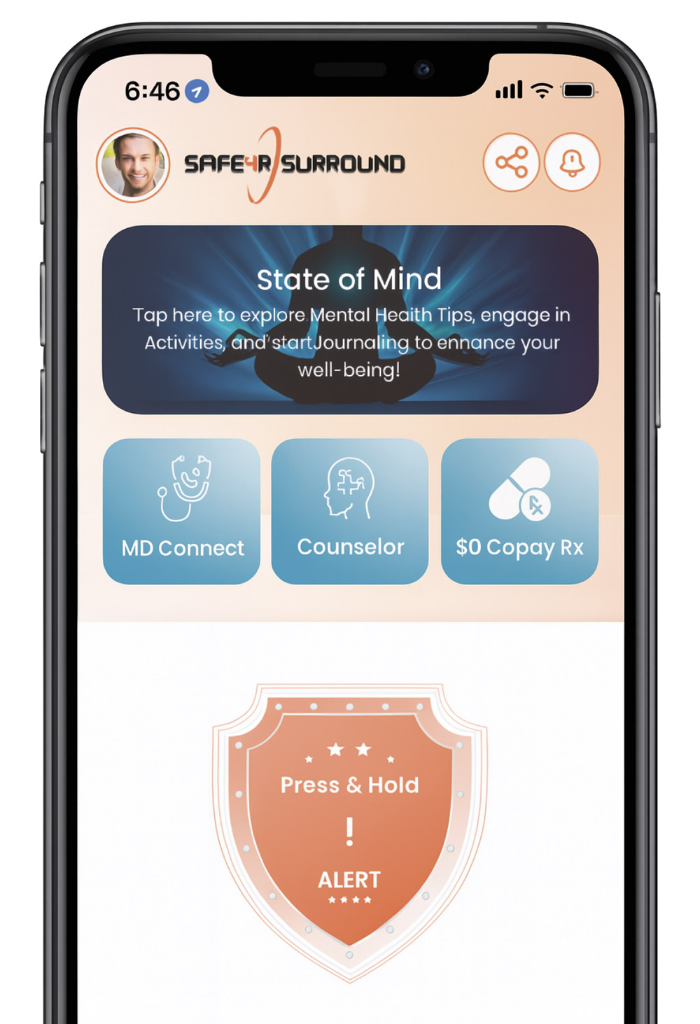 App interface with mental health tips, contact options, and an alert button.