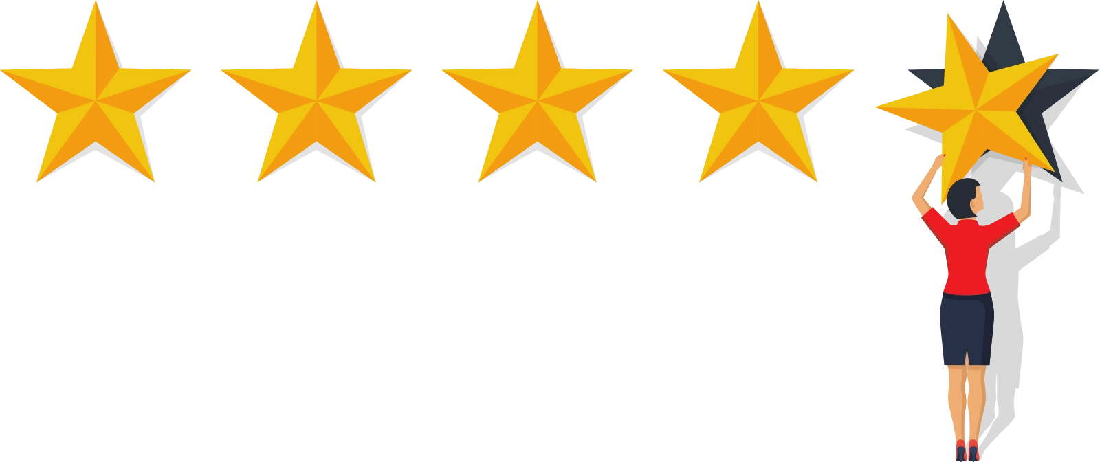 A person in a red shirt and blue skirt is placing a fifth gold star in a row of five stars, suggesting a positive review or rating. The background is black.