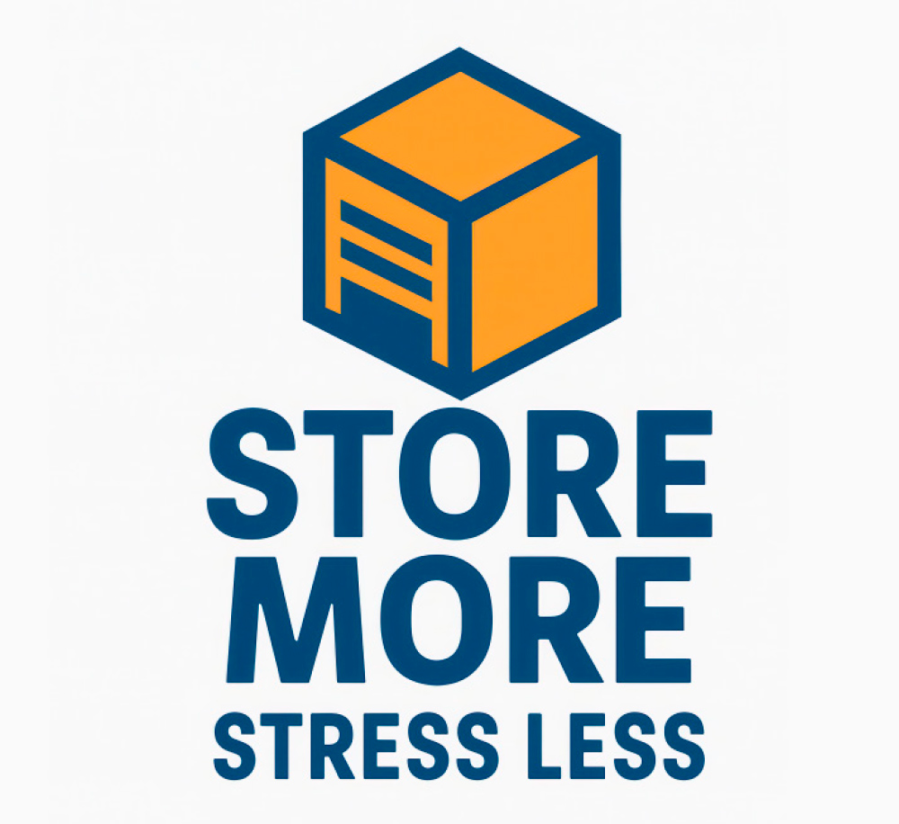 A simple logo with a light background. An orange and blue storage unit is at the top. Below the unit, a bold, dark blue font reads: STORE MORE and STRESS LESS.