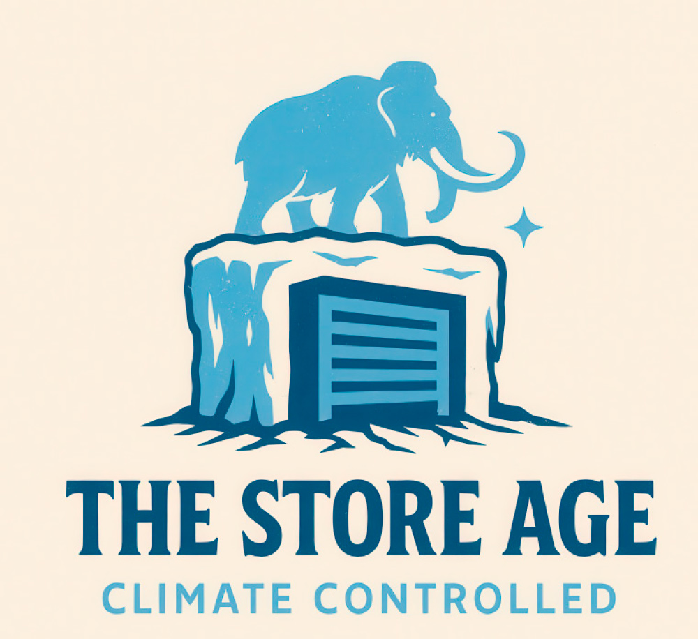 A light beige graphic logo. The logo features a blue mammoth standing on a block of ice. The block of ice is also a self-storage unit with a blue roll-up door. Below the graphic, in a bold, dark blue font, the text reads: THE STORE AGE, with the tagline "CLIMATE CONTROLLED" in a lighter blue font below it.