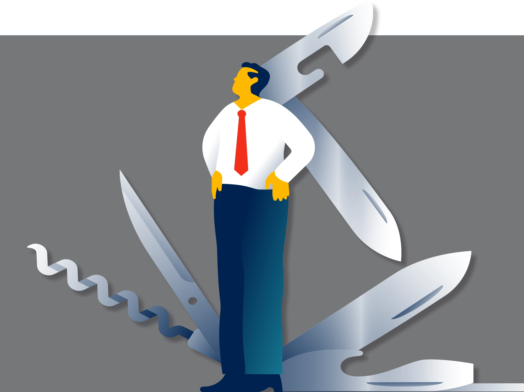 The image depicts a man standing with his hands on his hips and looking upward. He is placed in the center of a variety of tools extended around him. 