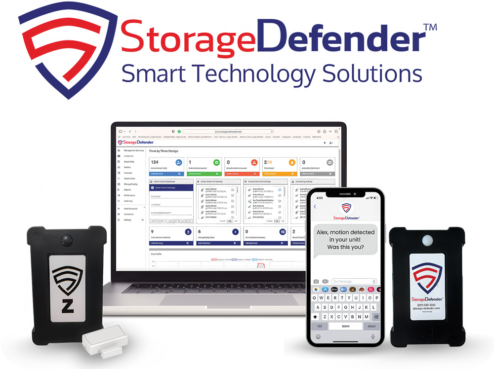 The StorageDefender Smart Technology Solutions logo with a visual demonstration of the products: two black security devices, a small sensor, a laptop displaying a management dashboard, and a smartphone showing a motion detection alert.