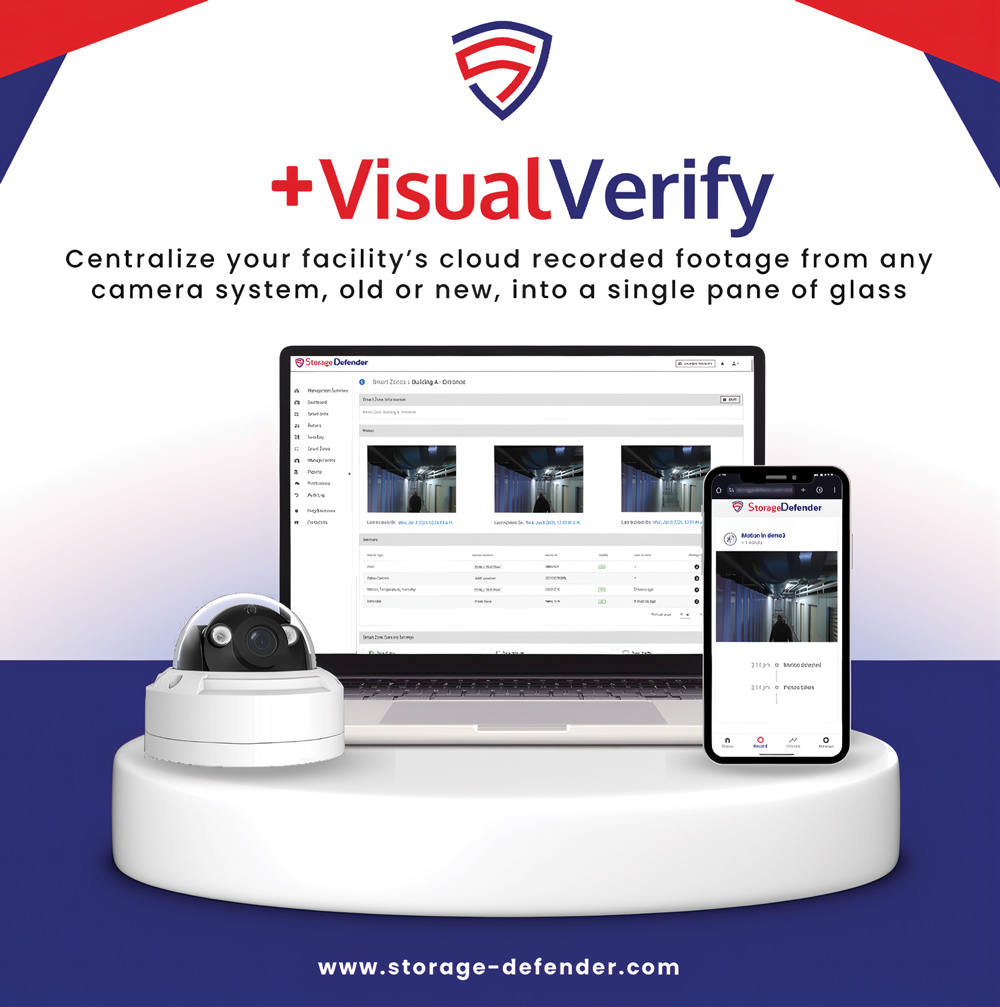 A promotional graphic for StorageDefender's +VisualVerify, showing a dome camera, a laptop screen with video footage, and a smartphone displaying a motion-detected video clip, with text about centralizing cloud-recorded footage.