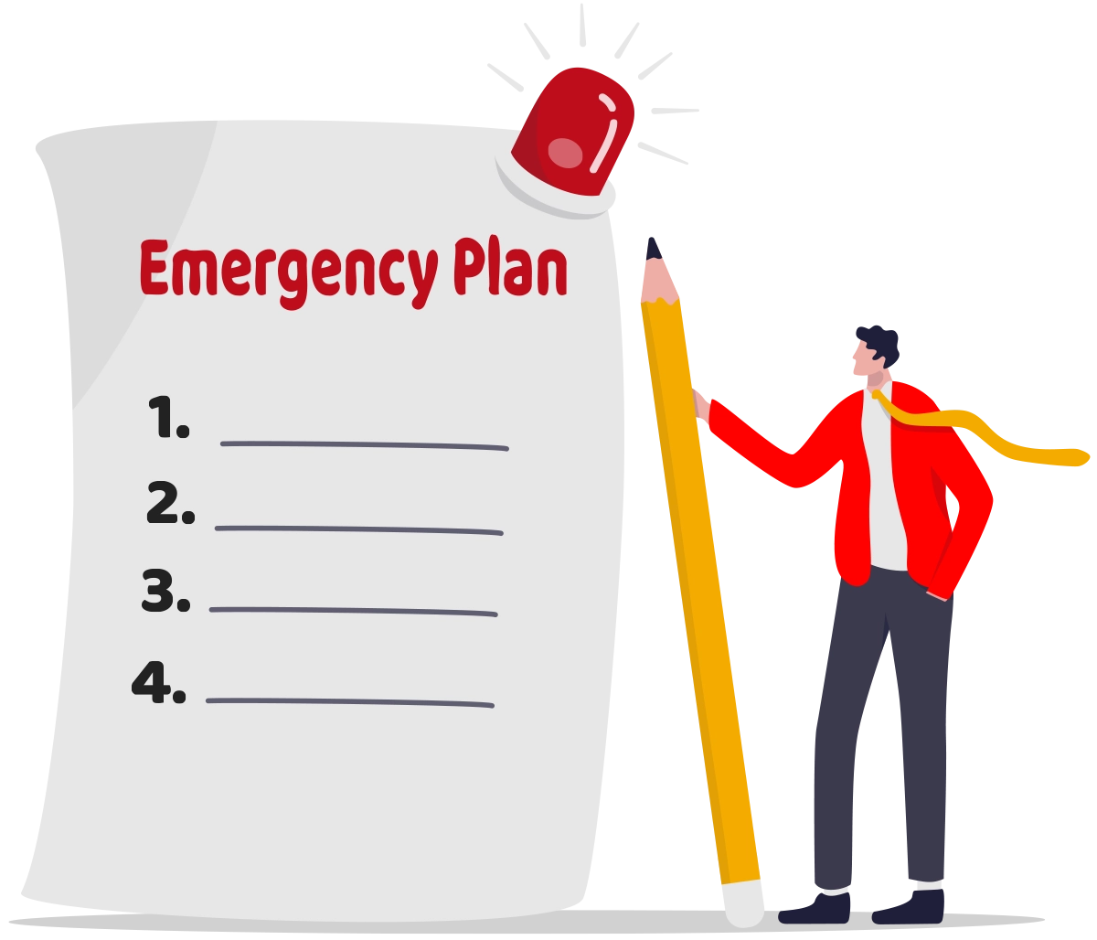 Illustration of a person in a red jacket writing on a large paper titled "Emergency Plan" with a red flashing light at the top and a numbered list (1-4).