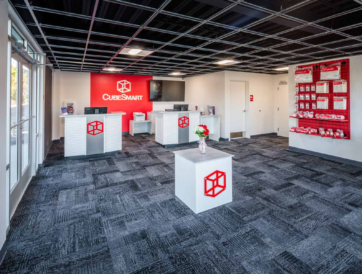 A brightly lit lobby of CubeSmart storage facility