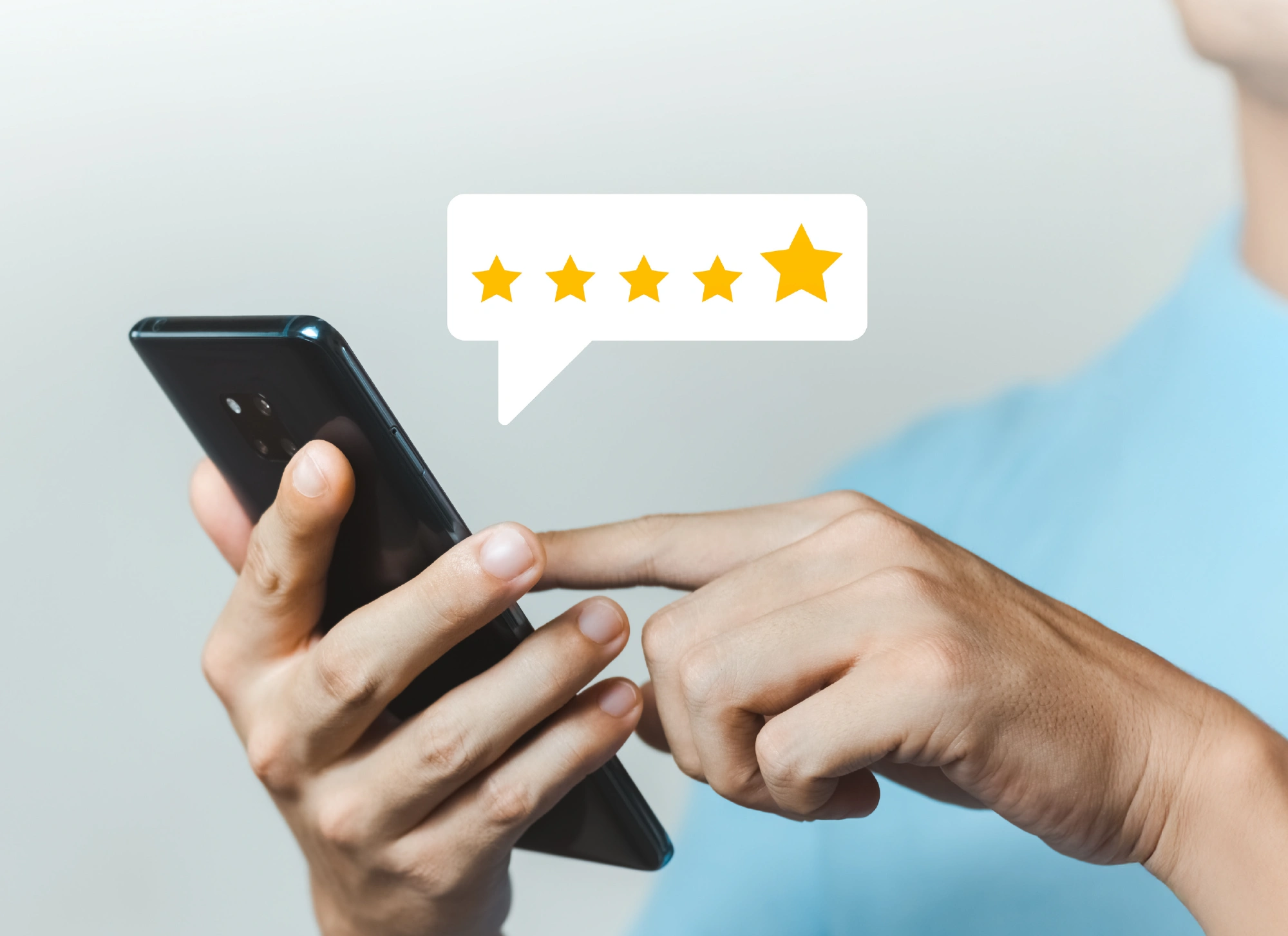 Hands holding a phone display a floating 5-star rating in a speech bubble.
