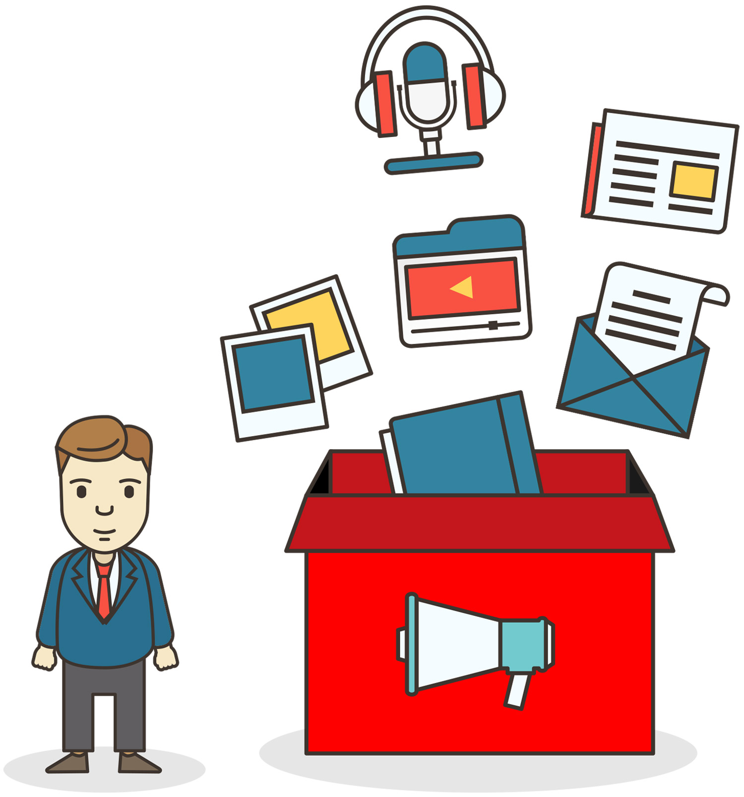 Line drawing of a man next to a red box labeled with a megaphone, from which various digital media icons (podcast, news, email, video, photos) are emerging.