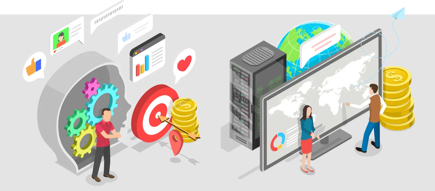 Graphic showing people analyzing social media data and global business performance with a server, world map, and financial symbols.