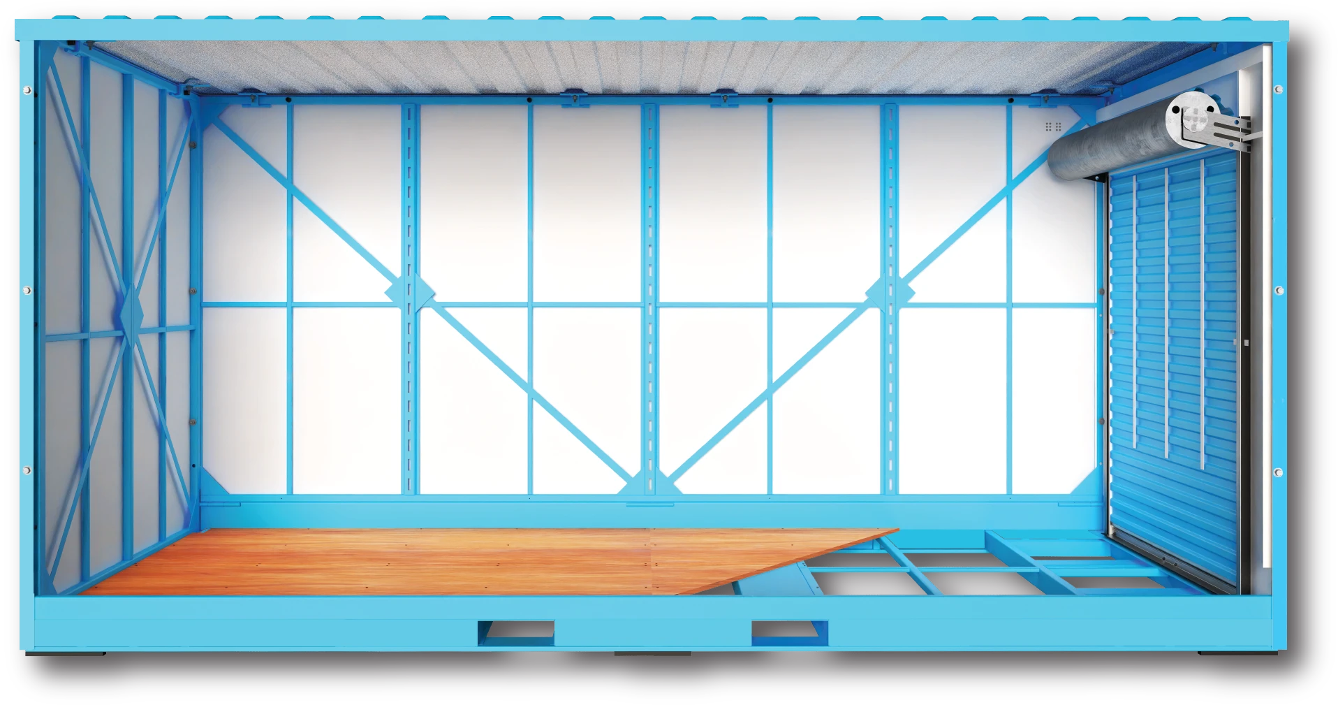 Interior of a blue storage container with geometric metal framework and a roll-up door.